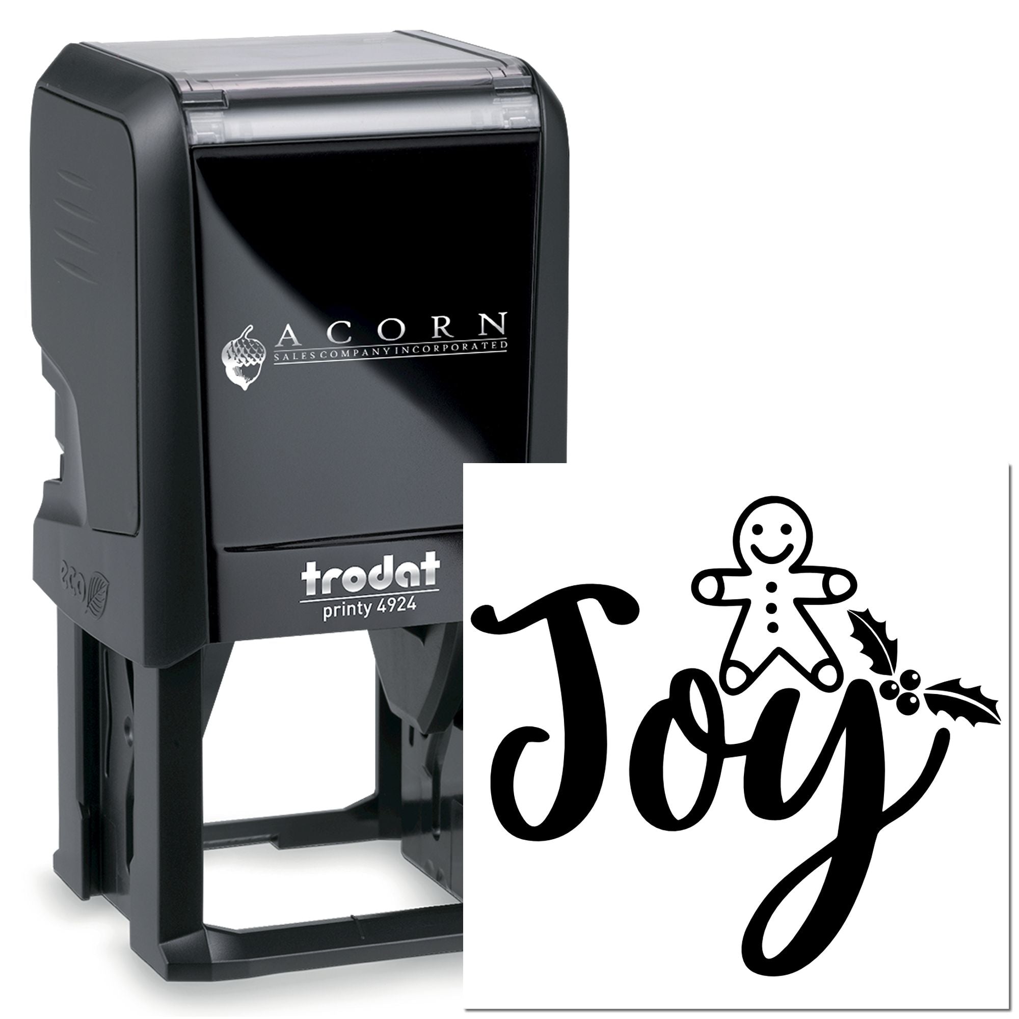 Self-inking rubber stamp with Joy holiday design featuring gingerbread man and holly for Christmas cards.