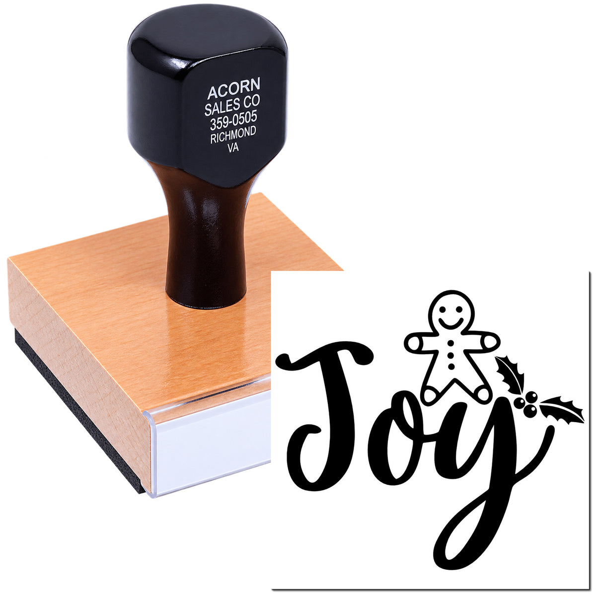 Custom Christmas rubber stamp with Joy script, gingerbread man, and holly design for holiday cards and crafts.