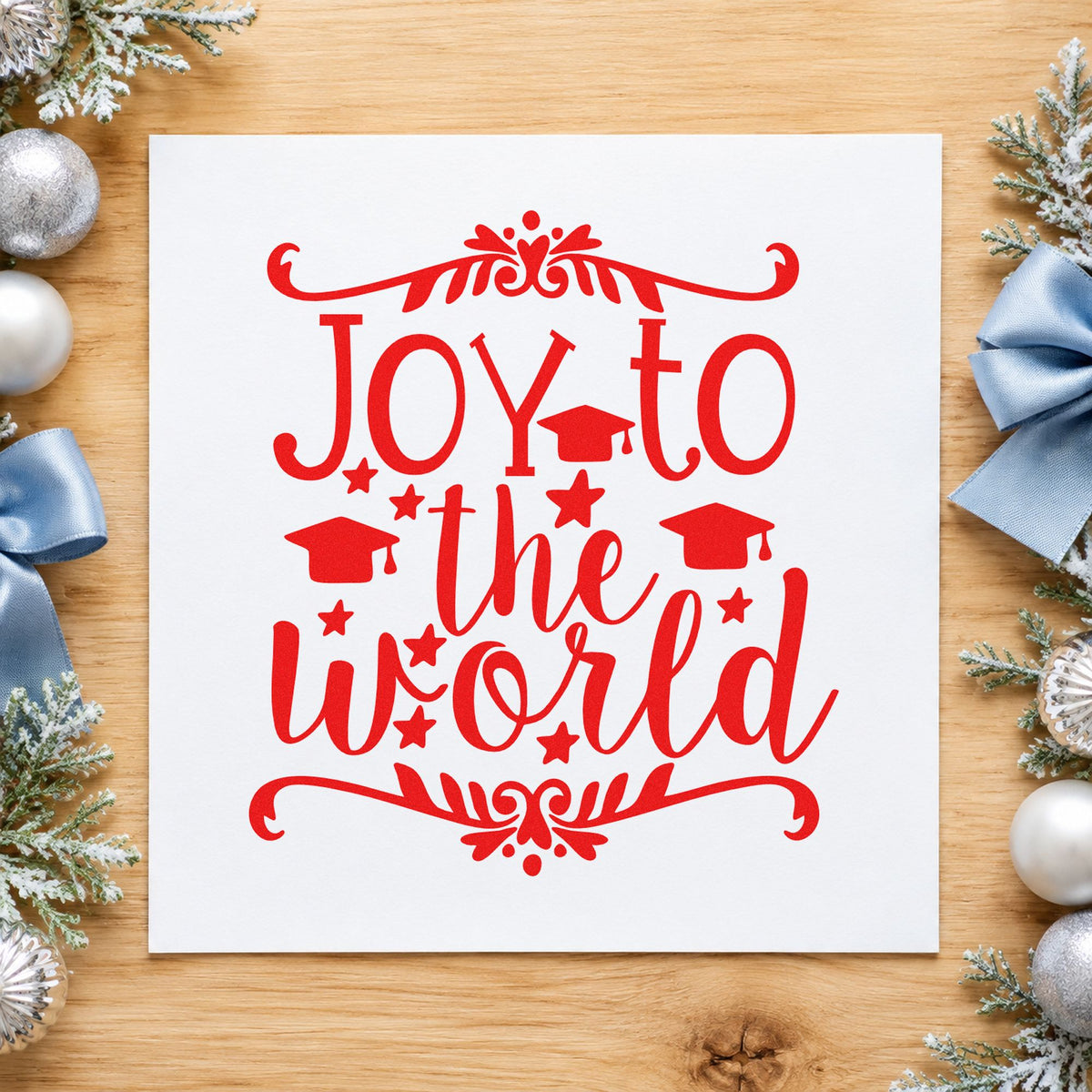 Joy To The World Flourishes craft stamp in red ink on cardstock, an easy option for stole trim printing.