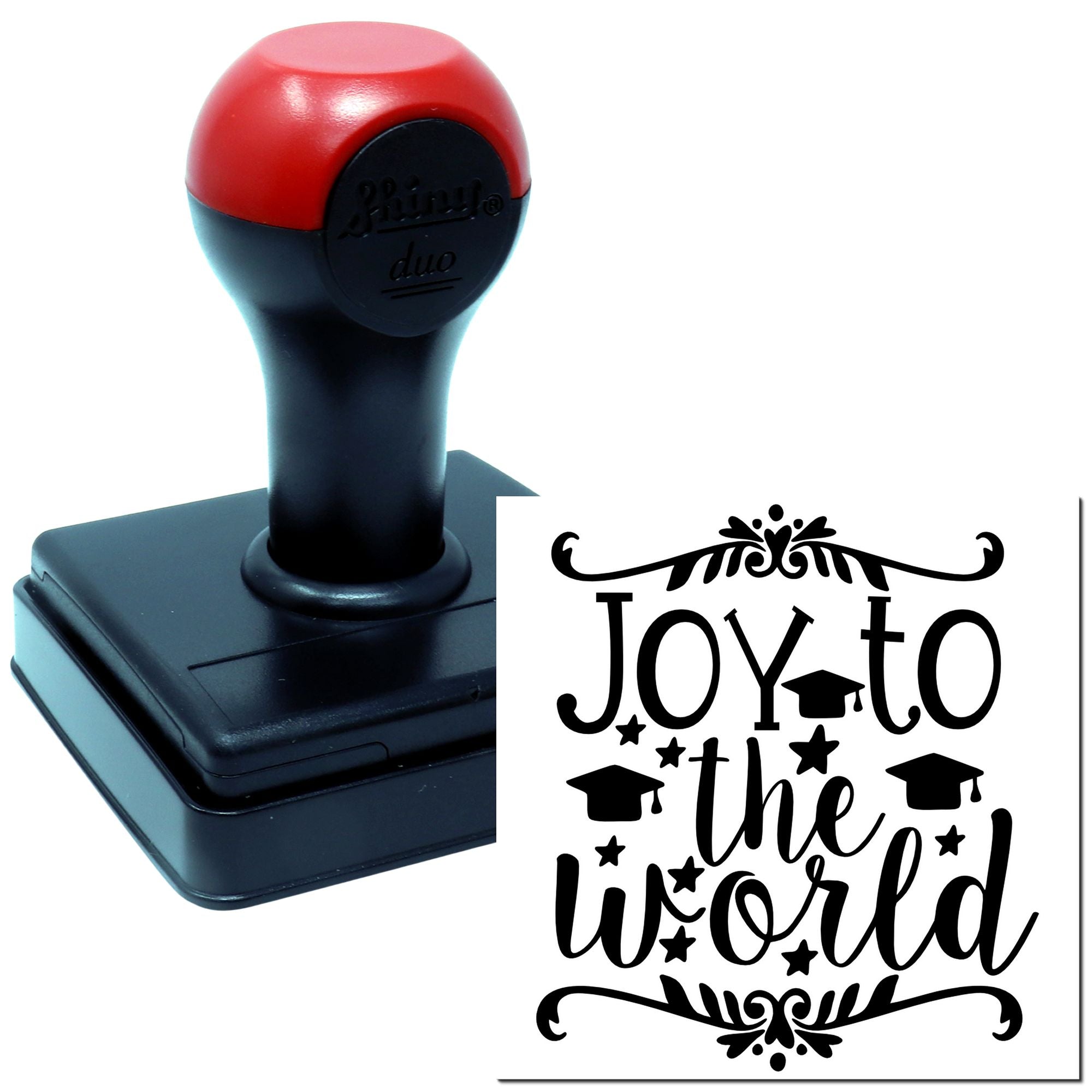 Self-inking rubber stamp with Joy to the World graduation design for festive school, teacher, or graduation card stamping.