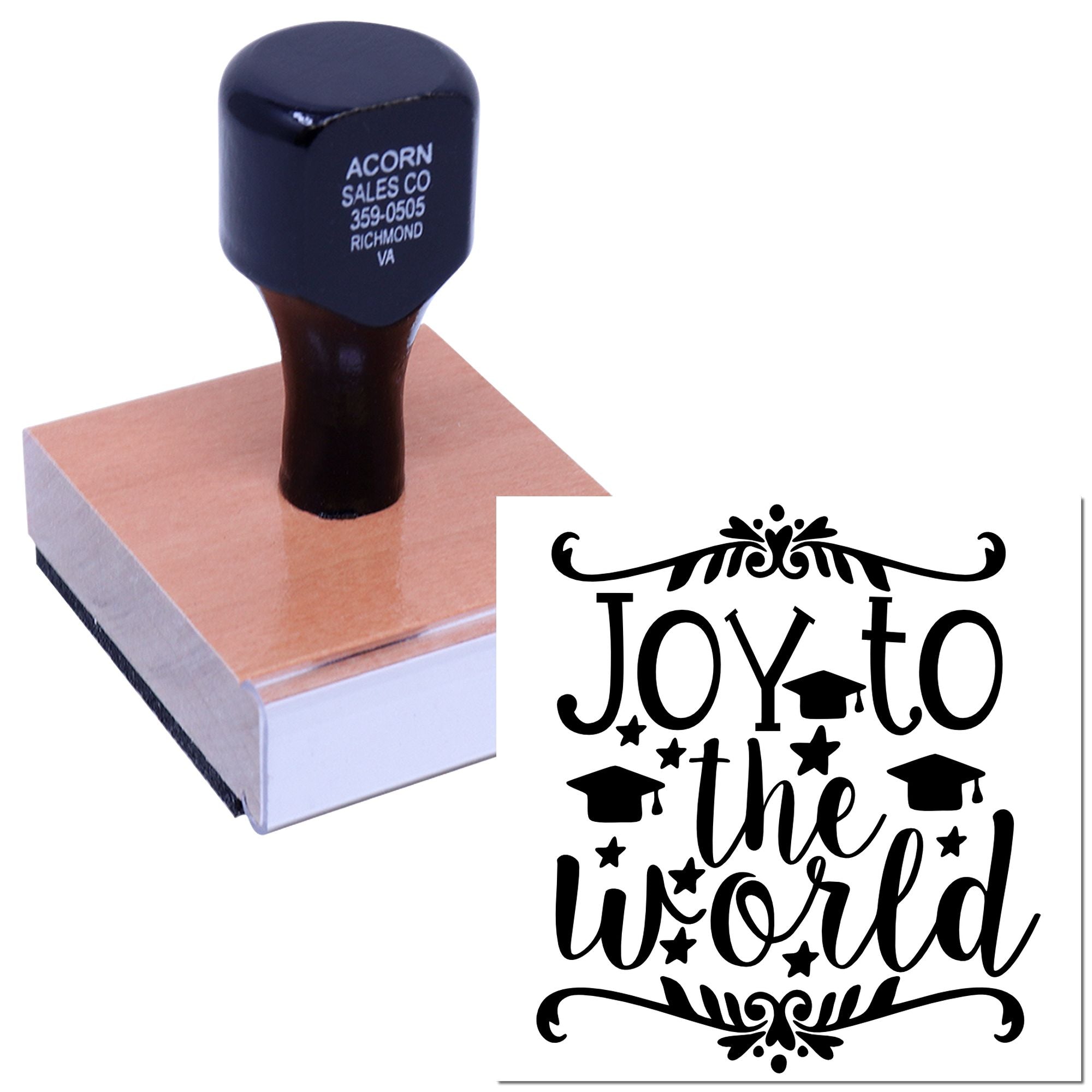 Graduation rubber stamp with Joy to the World design for handmade cards, scrapbook pages, and school celebration crafts.