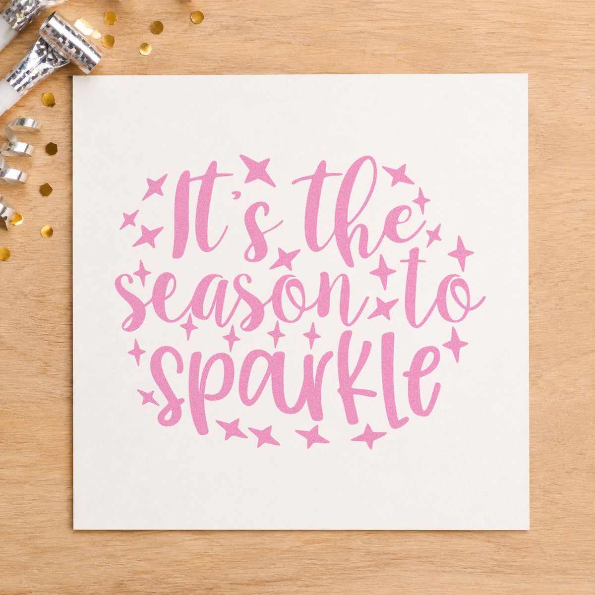 Season To Sparkle Stars craft stamp in purple ink on cardstock, an easy option for party look album.