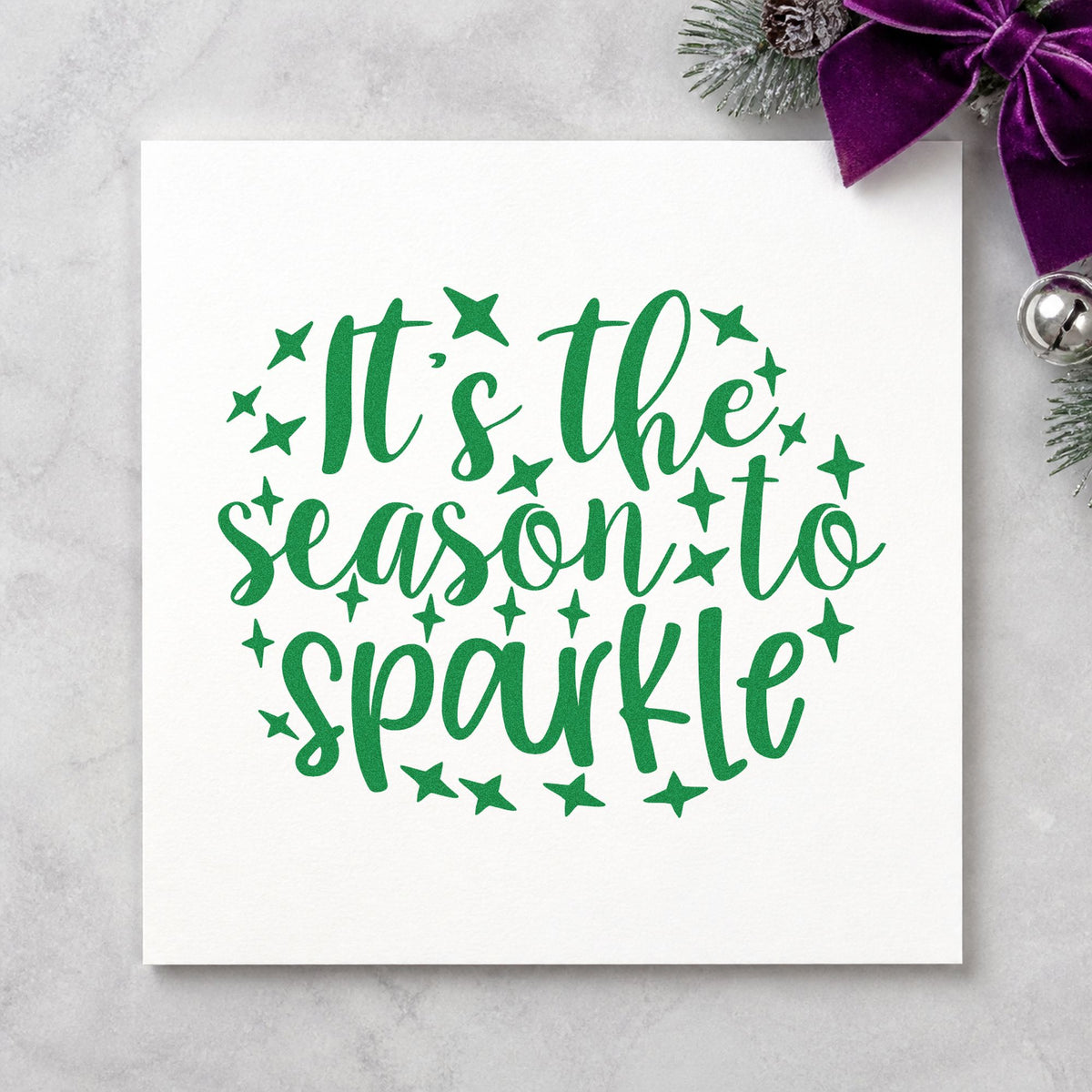 Season To Sparkle Stars craft stamp imprinted in green ink on paper, a design suited to framed vanity wall.