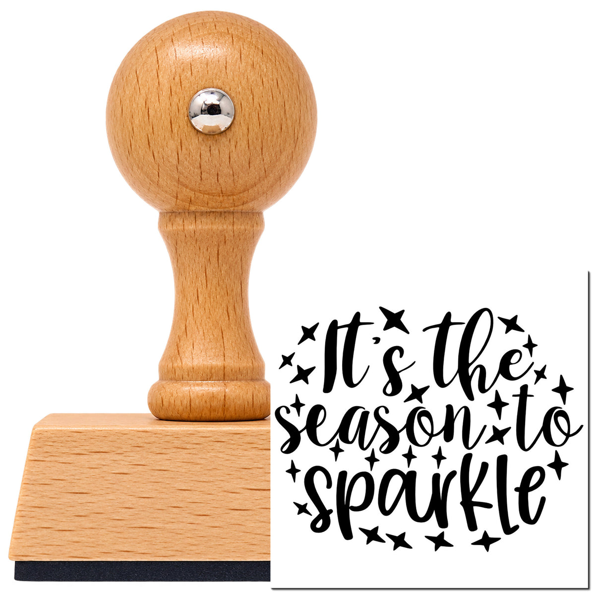 Season To Sparkle Stars Vintage Pro rubber stamp in European beech wood with a round knob handle, shown beside its black imprint.
