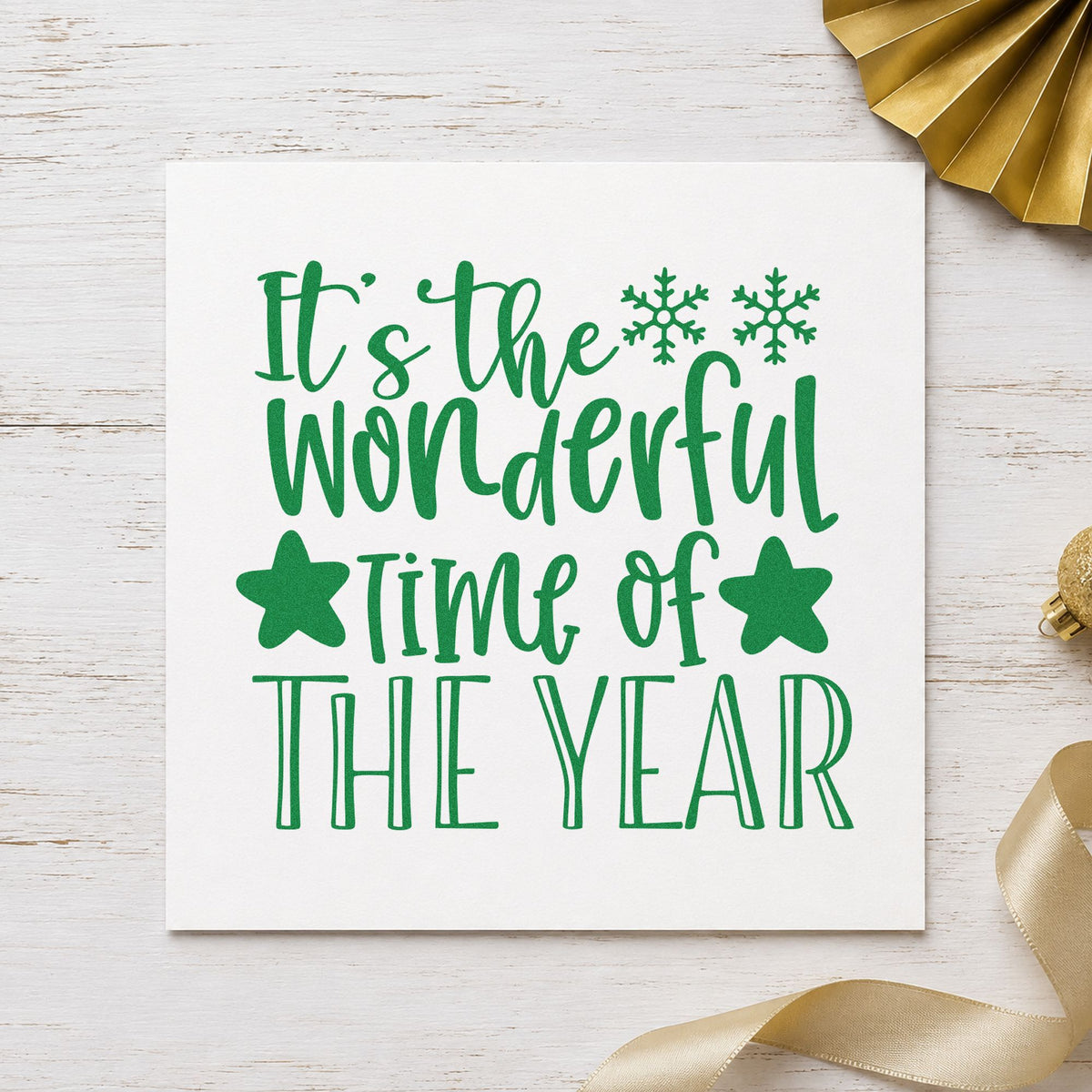 Wonderful Time Of The Year craft stamp imprinted in green ink on paper, a design suited to framed living wall.