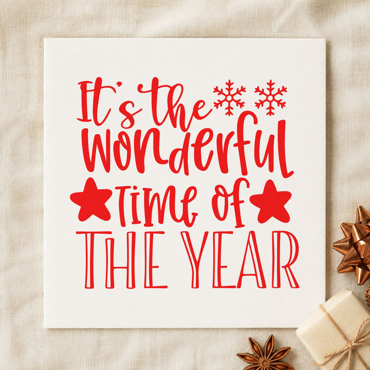 Wonderful Time Of The Year rubber stamp shown in red ink, stamped for projects such as decor box labels.