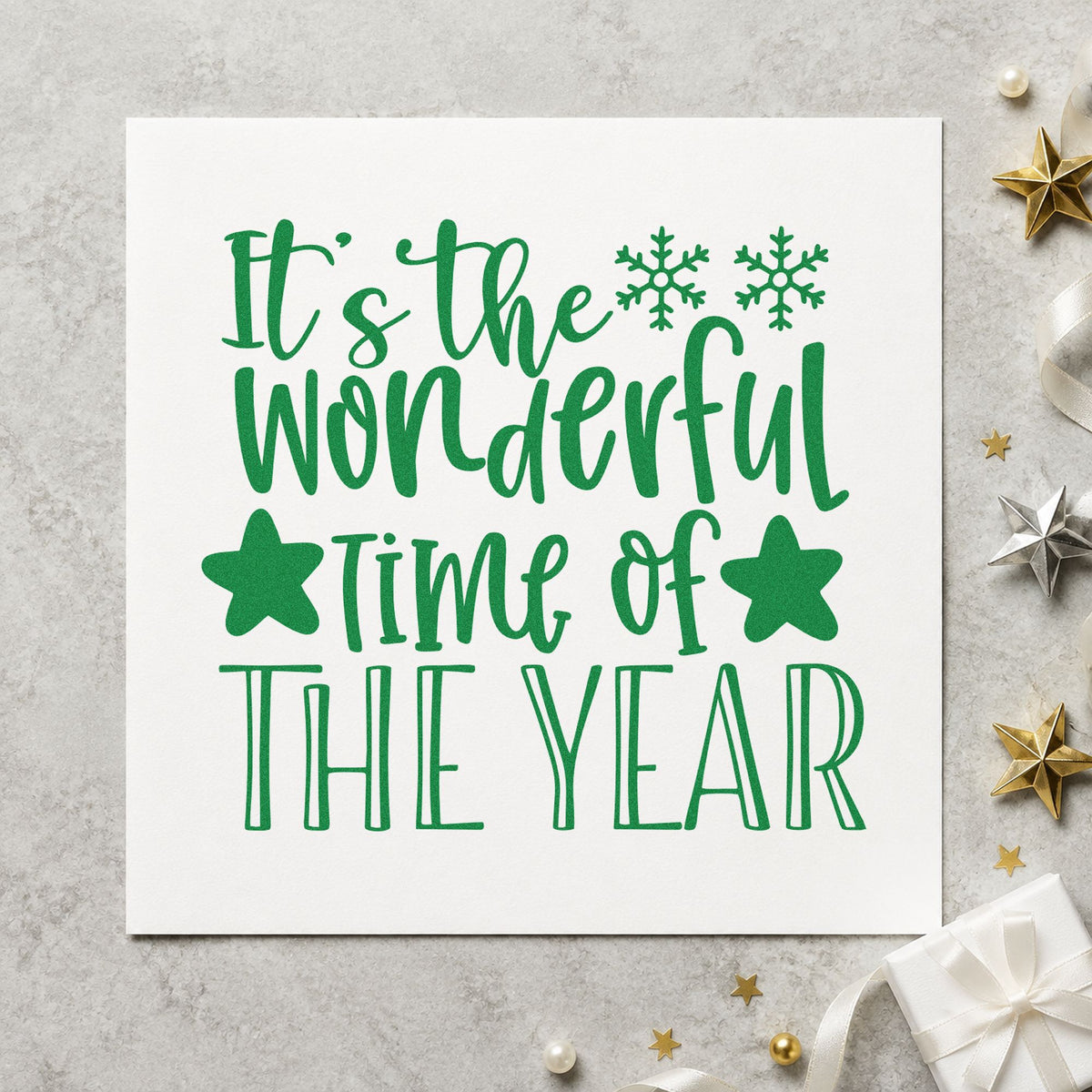 Wonderful Time Of The Year craft stamp imprint in green ink on a handmade project, one idea being open house menus.