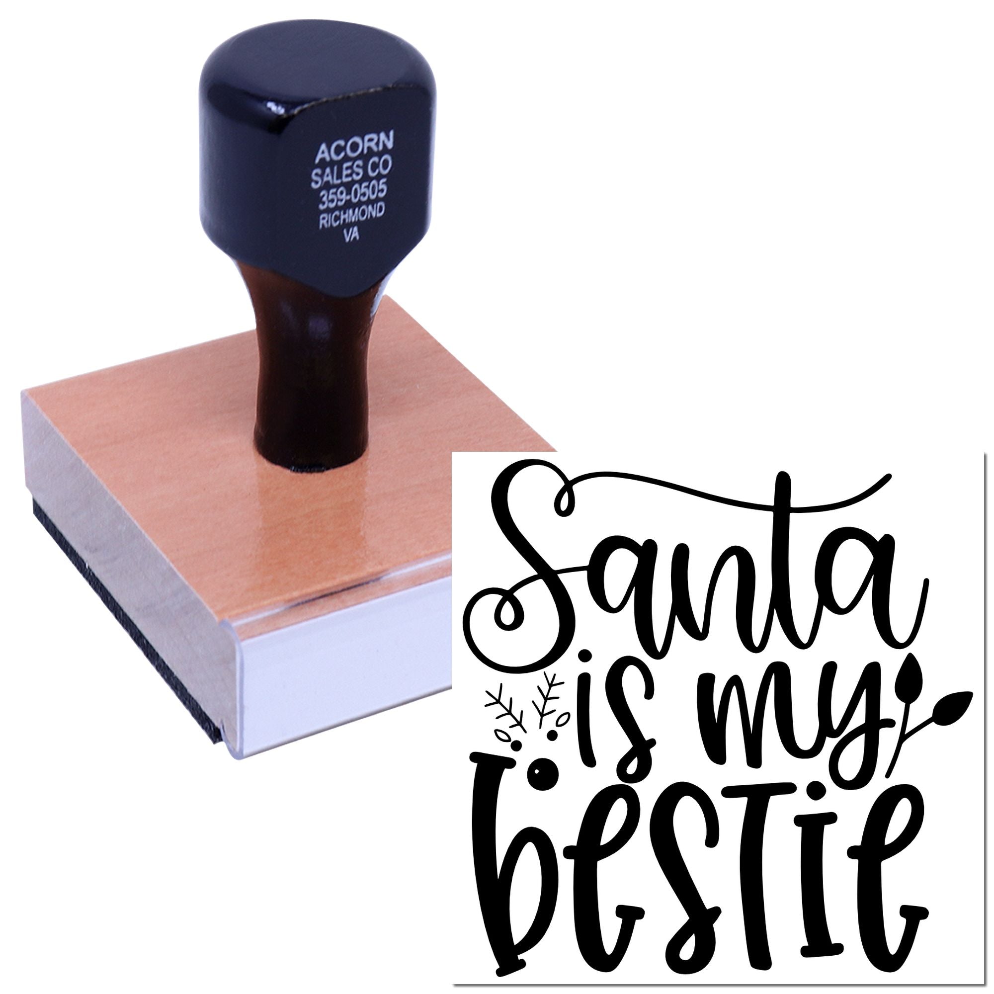 Custom rubber stamp featuring Santa is my bestie design for holiday crafts, gift tags, and Christmas packaging.