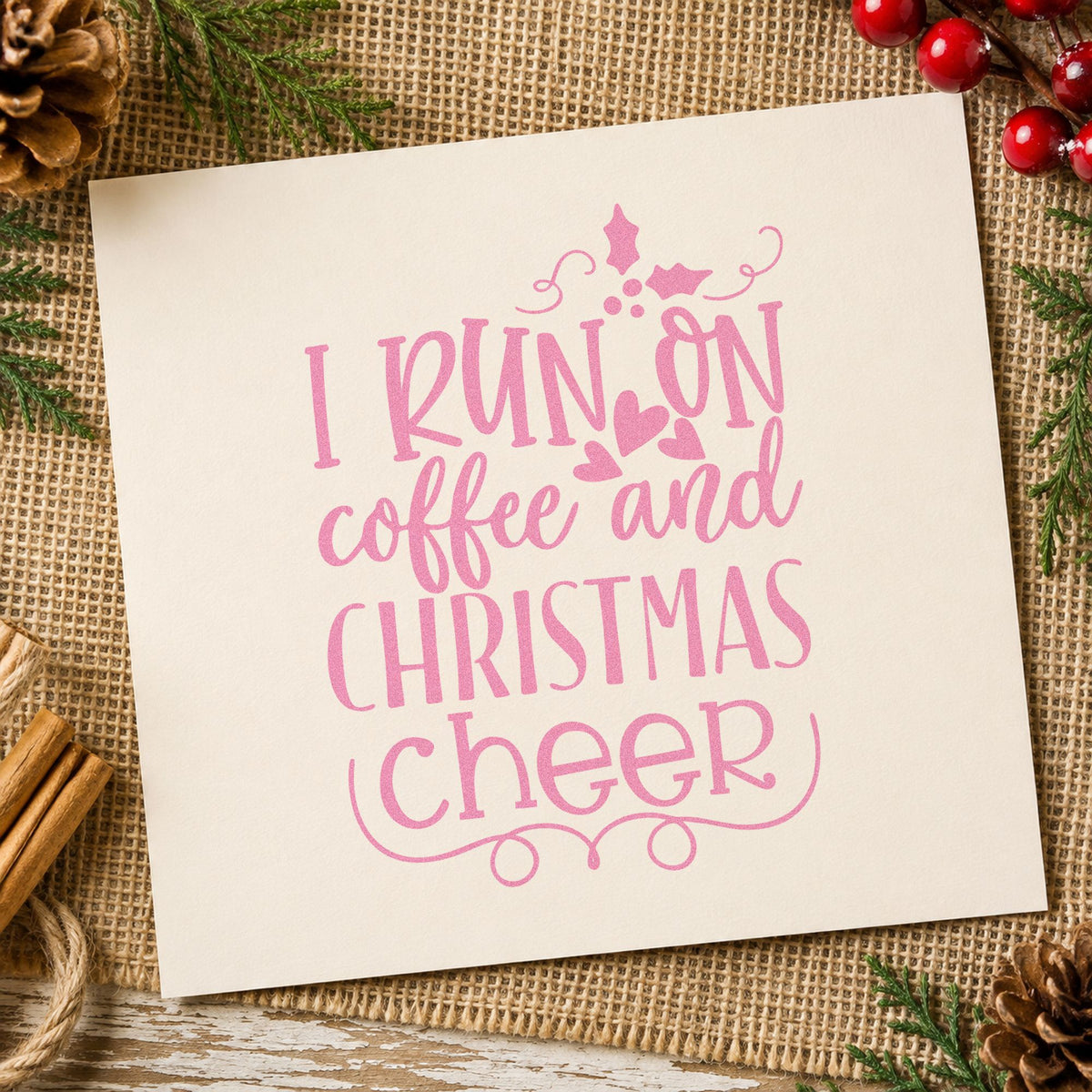 Coffee And Christmas Cheer craft stamp in purple ink on cardstock, an easy option for break room album.