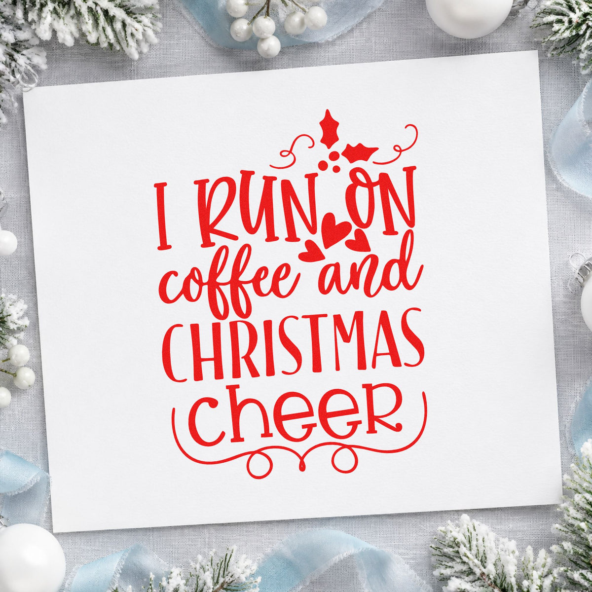 Coffee And Christmas Cheer craft stamp in red ink on cardstock, an easy option for sleeve wrap printing.
