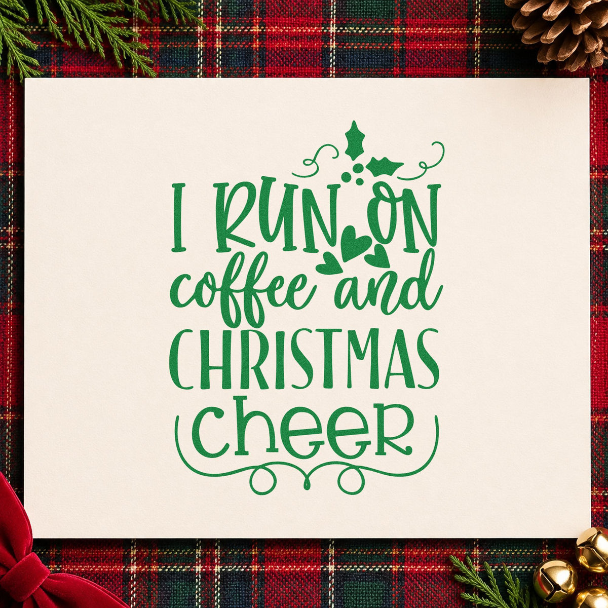 Coffee And Christmas Cheer craft stamp imprinted in green ink on paper, a design suited to framed kitchenette wall.