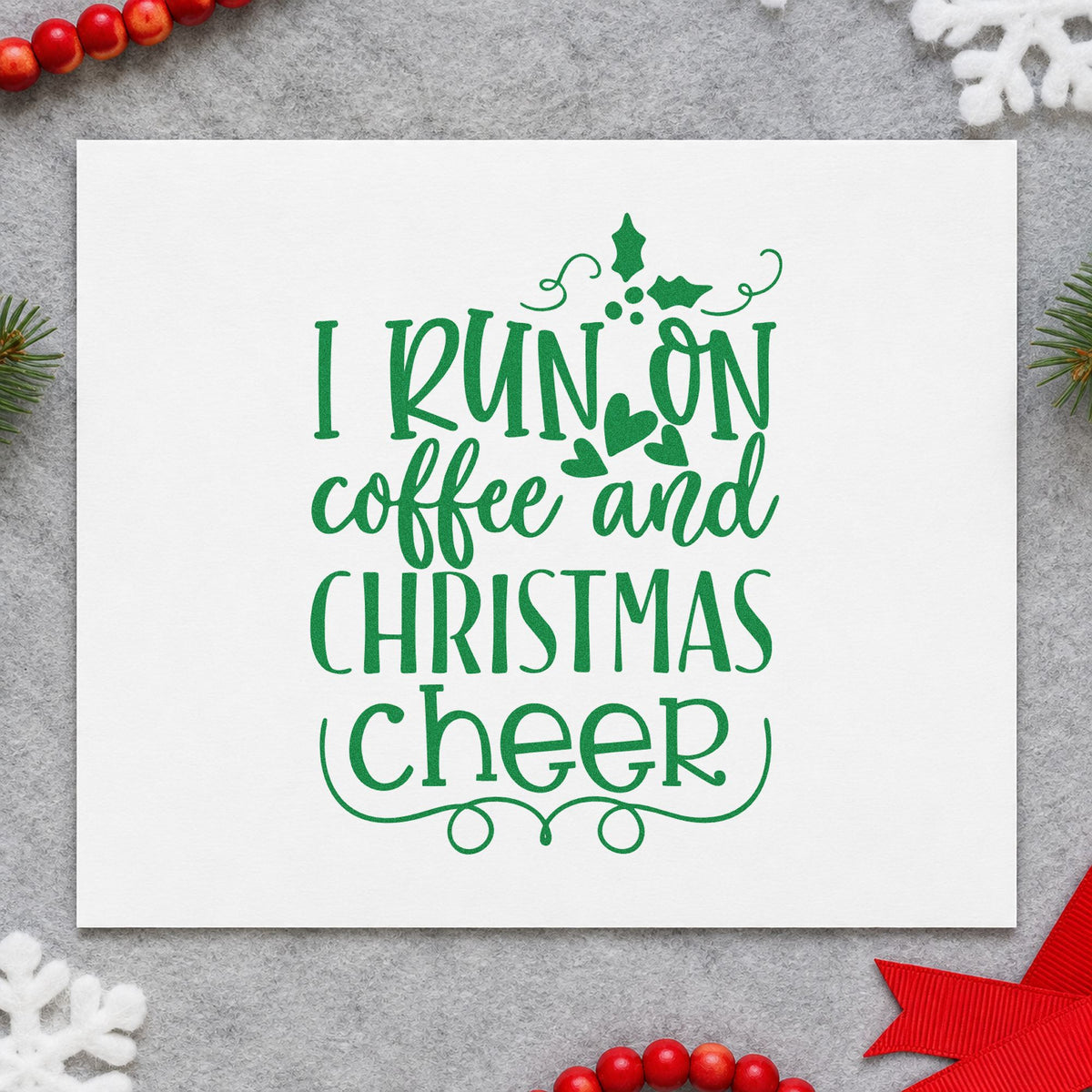 Coffee And Christmas Cheer craft stamp imprint in green ink on a handmade project, one idea being coffee run cards.