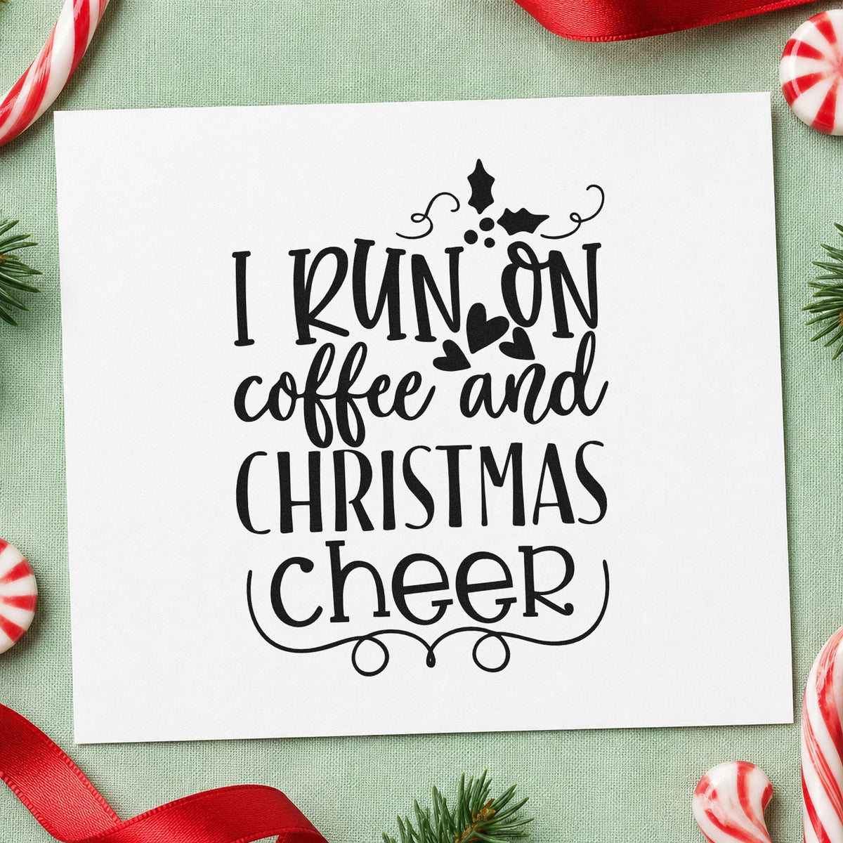 Coffee And Christmas Cheer rubber stamp printed in black ink, ready for holly frame coffee cards and similar paper crafts.