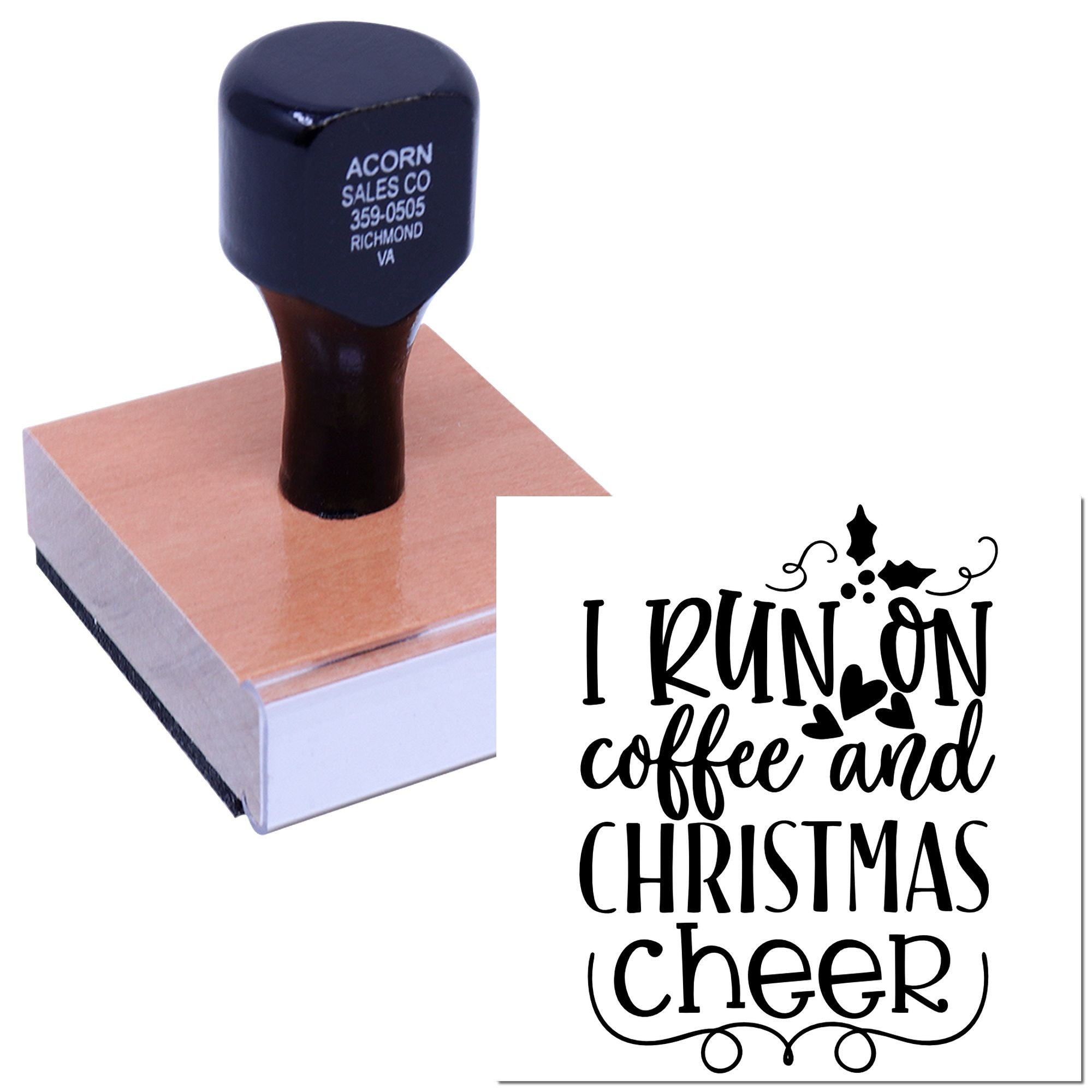 Custom rubber stamp with I run on coffee and Christmas cheer holiday design for festive crafting and gifts.