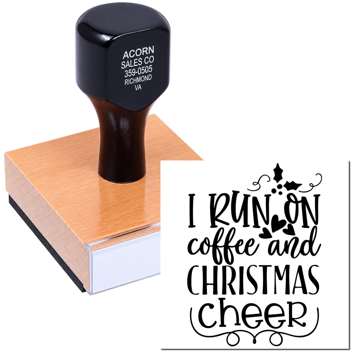 Custom rubber stamp with I run on coffee and Christmas cheer holiday design for festive crafting and gifts.