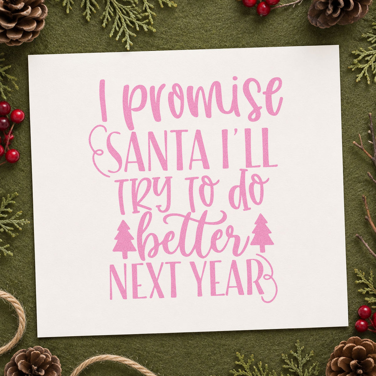 Promise Santa Better Next Year craft stamp in purple ink on cardstock, an easy option for resolution album page.