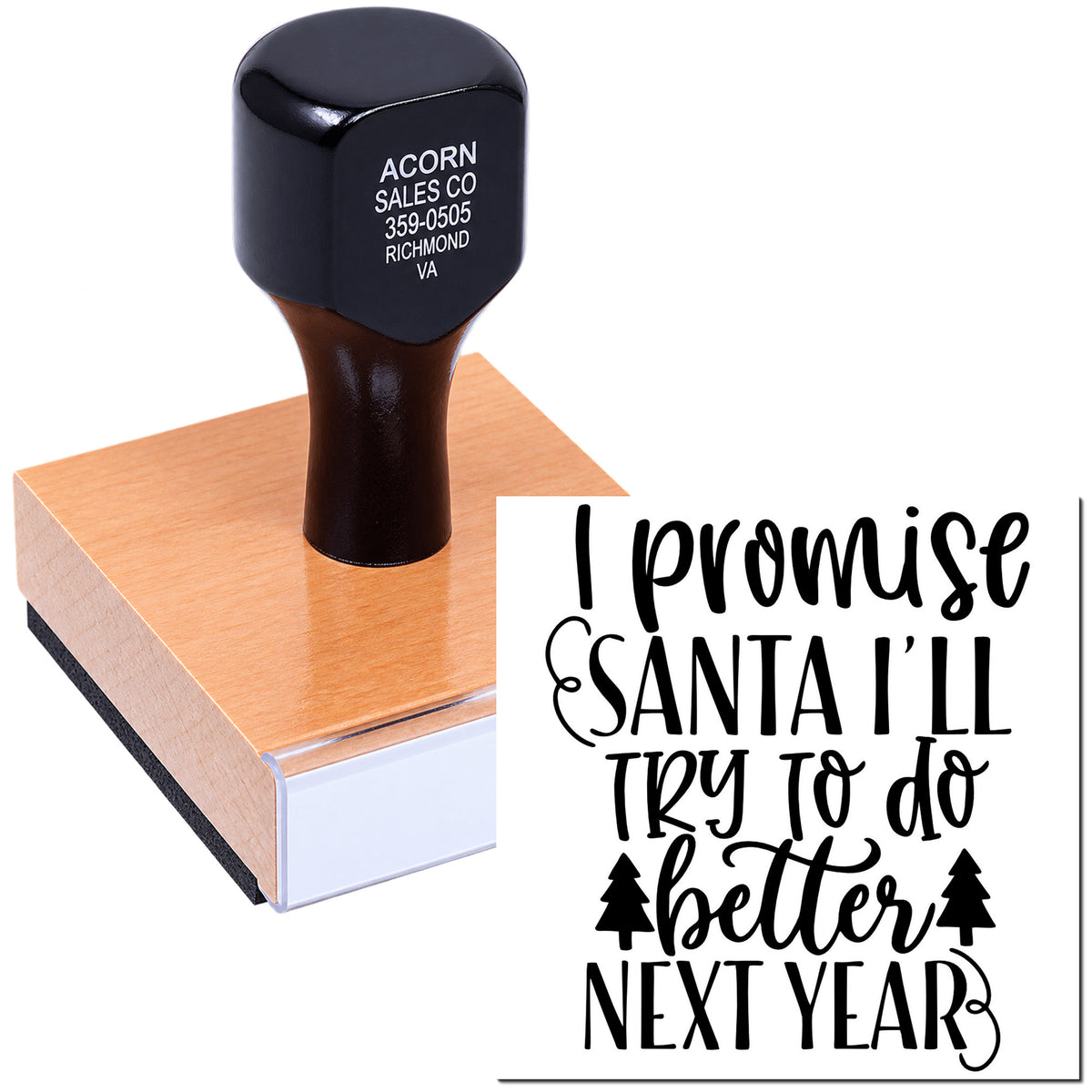 Custom rubber stamp with I promise Santa Ill try to do better next year for Christmas cards and holiday crafts.