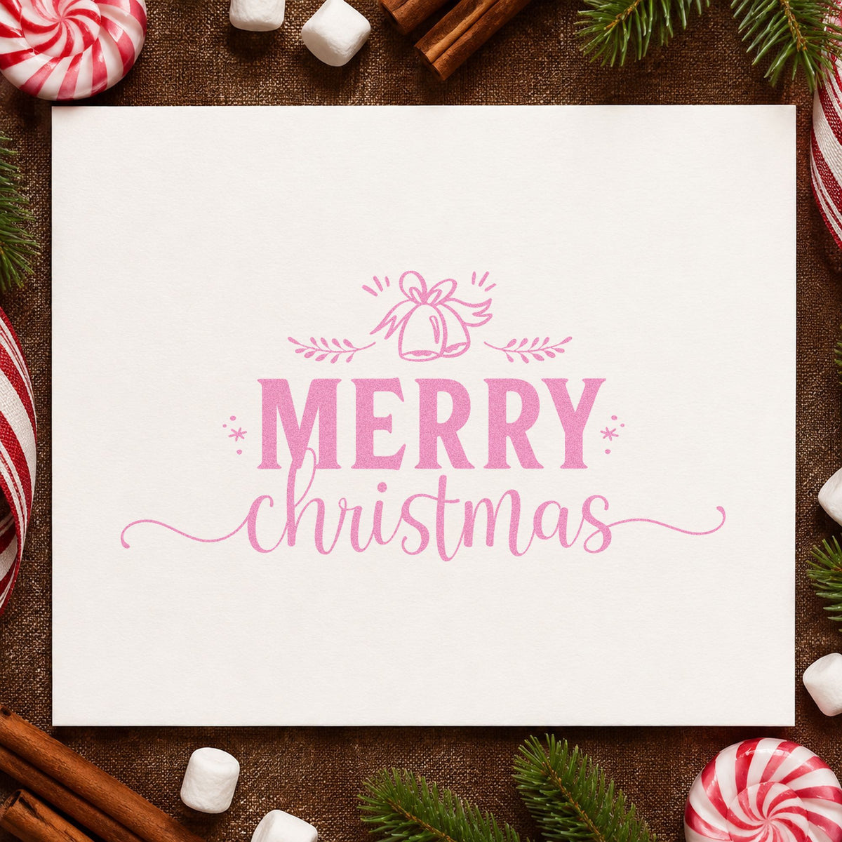 Merry Christmas Bell Flourish craft stamp in purple ink on cardstock, an easy option for crown album header.
