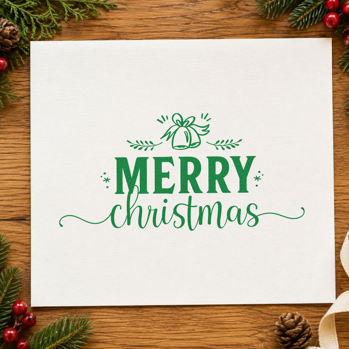 Merry Christmas Bell Flourish craft stamp imprint in green ink on a handmade project, one idea being ribbon bell tags.