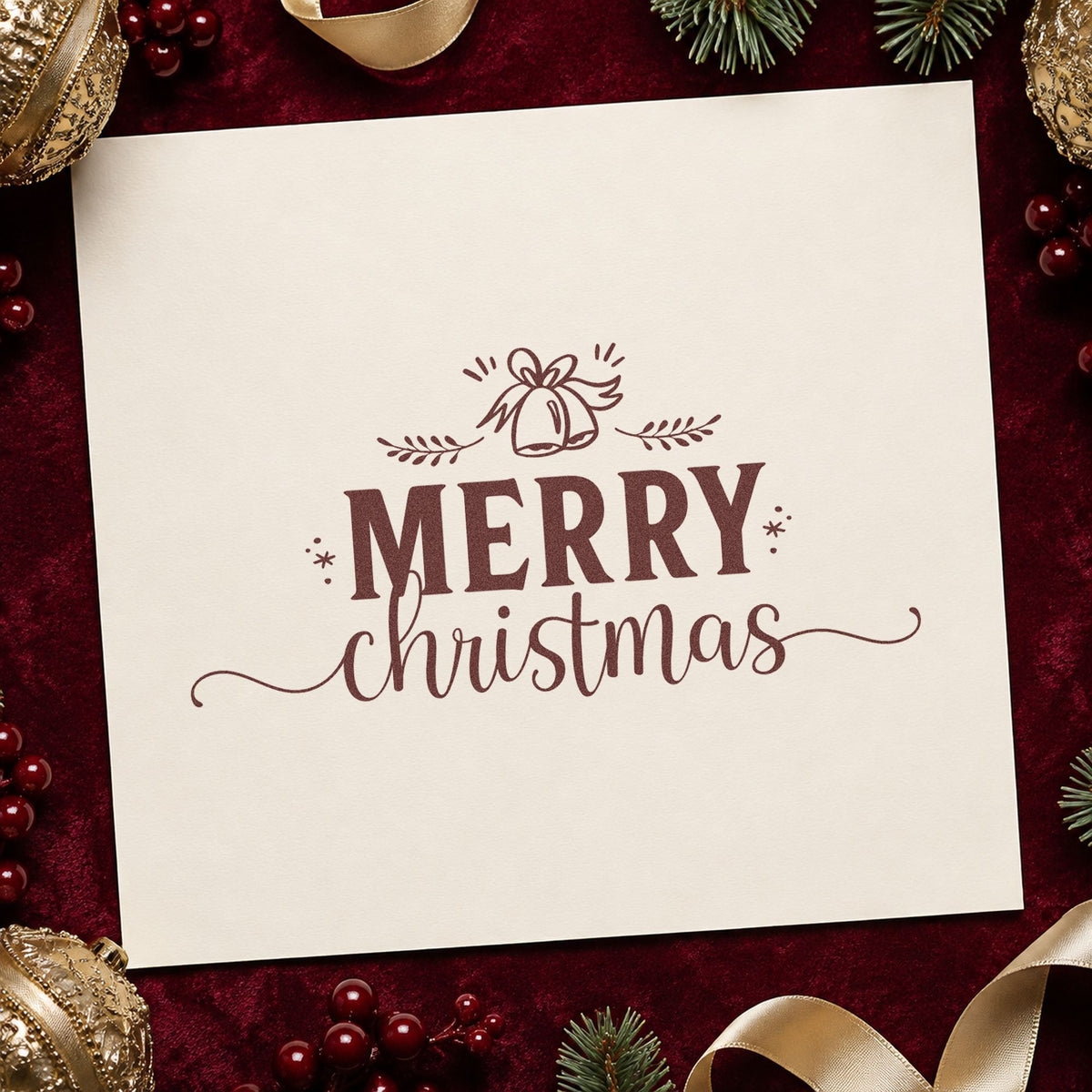 Merry Christmas Bell Flourish rubber stamp printed in brown ink, ready for top bottom sheet and similar paper crafts.