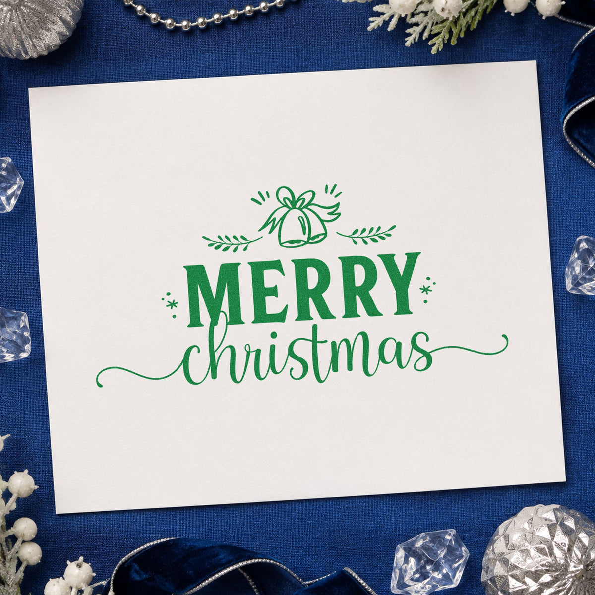 Merry Christmas Bell Flourish craft stamp imprinted in green ink on paper, a design suited to framed over door.