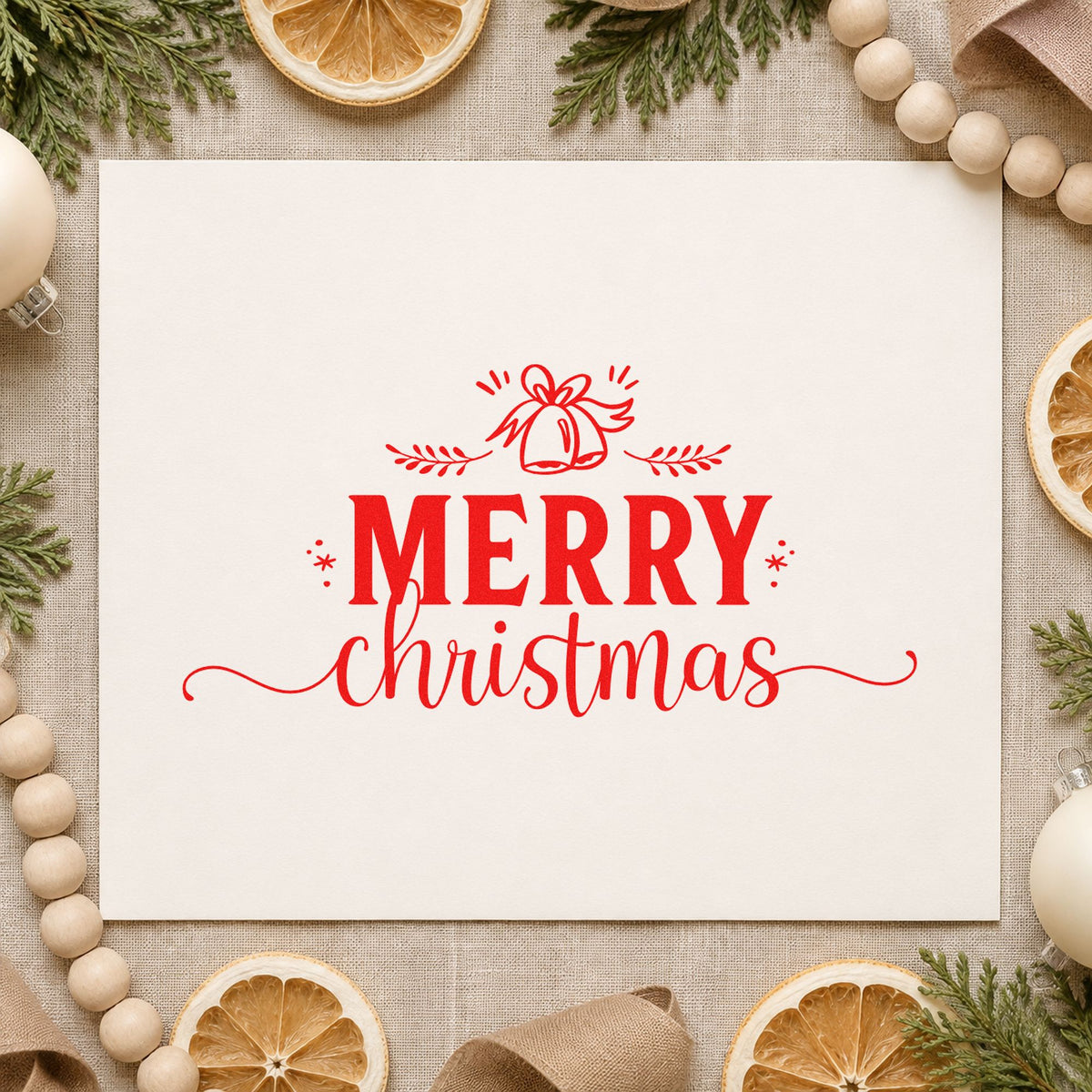 Merry Christmas Bell Flourish rubber stamp shown in red ink, stamped for projects such as jar neck labels.