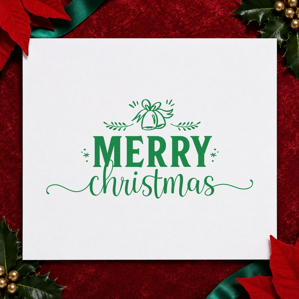 Merry Christmas Bell Flourish craft stamp imprint in green ink on a handmade project, one idea being formal menu cards.