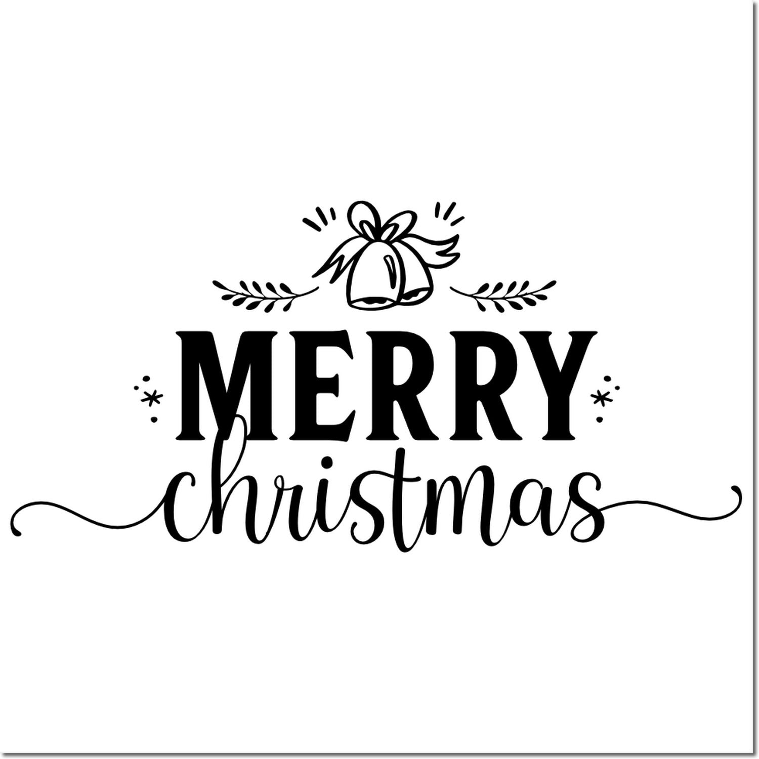 Merry Christmas rubber stamp design with bells and festive flourishes for holiday cards, gift tags, and holiday crafts