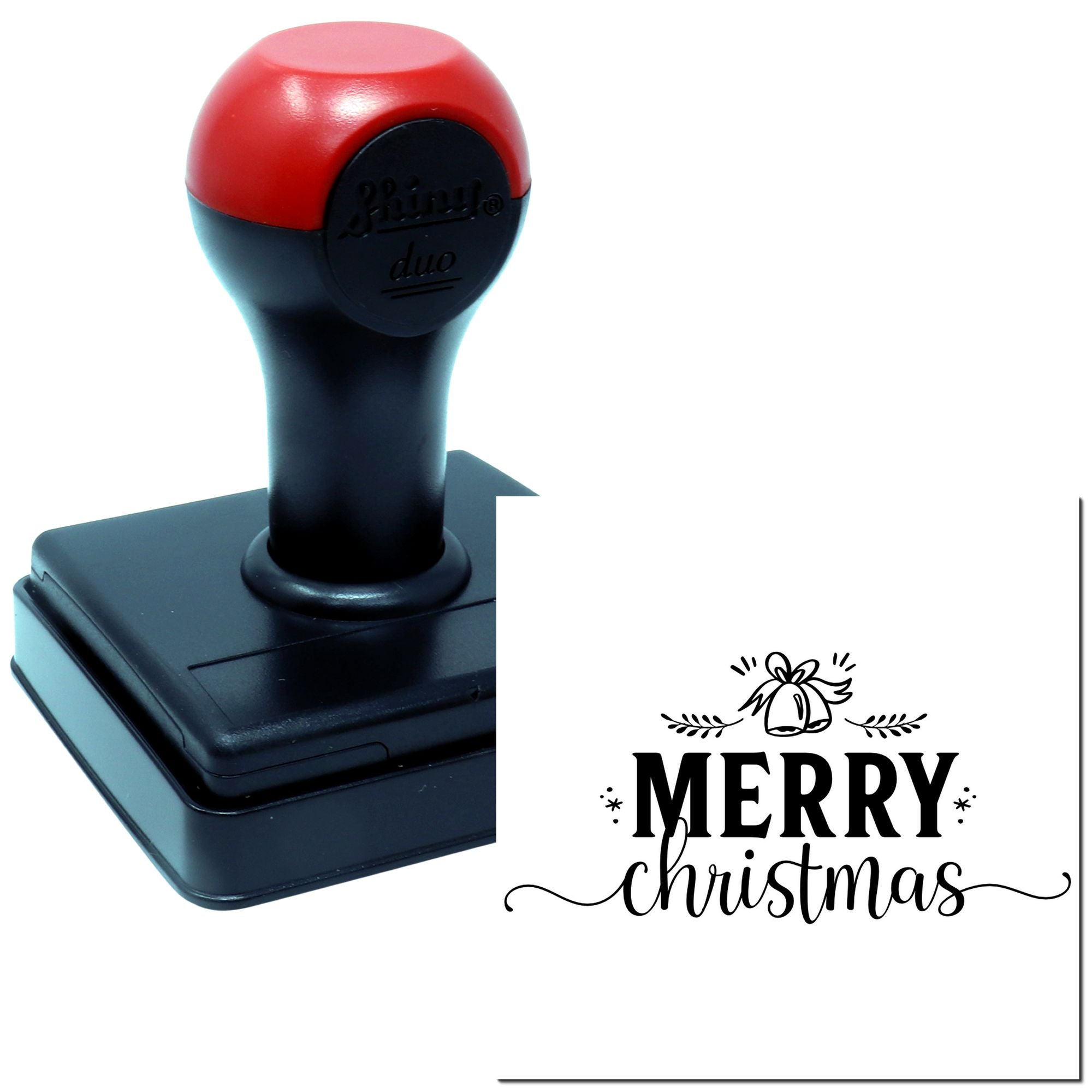 Self-inking rubber stamp with Merry Christmas holiday design and festive bell motif for seasonal cards.
