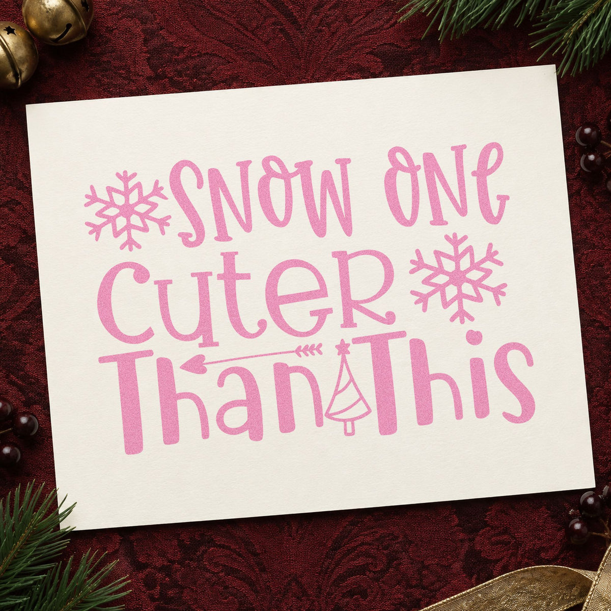 Snow One Cuter Than This craft stamp in purple ink on cardstock, an easy option for portrait album page.