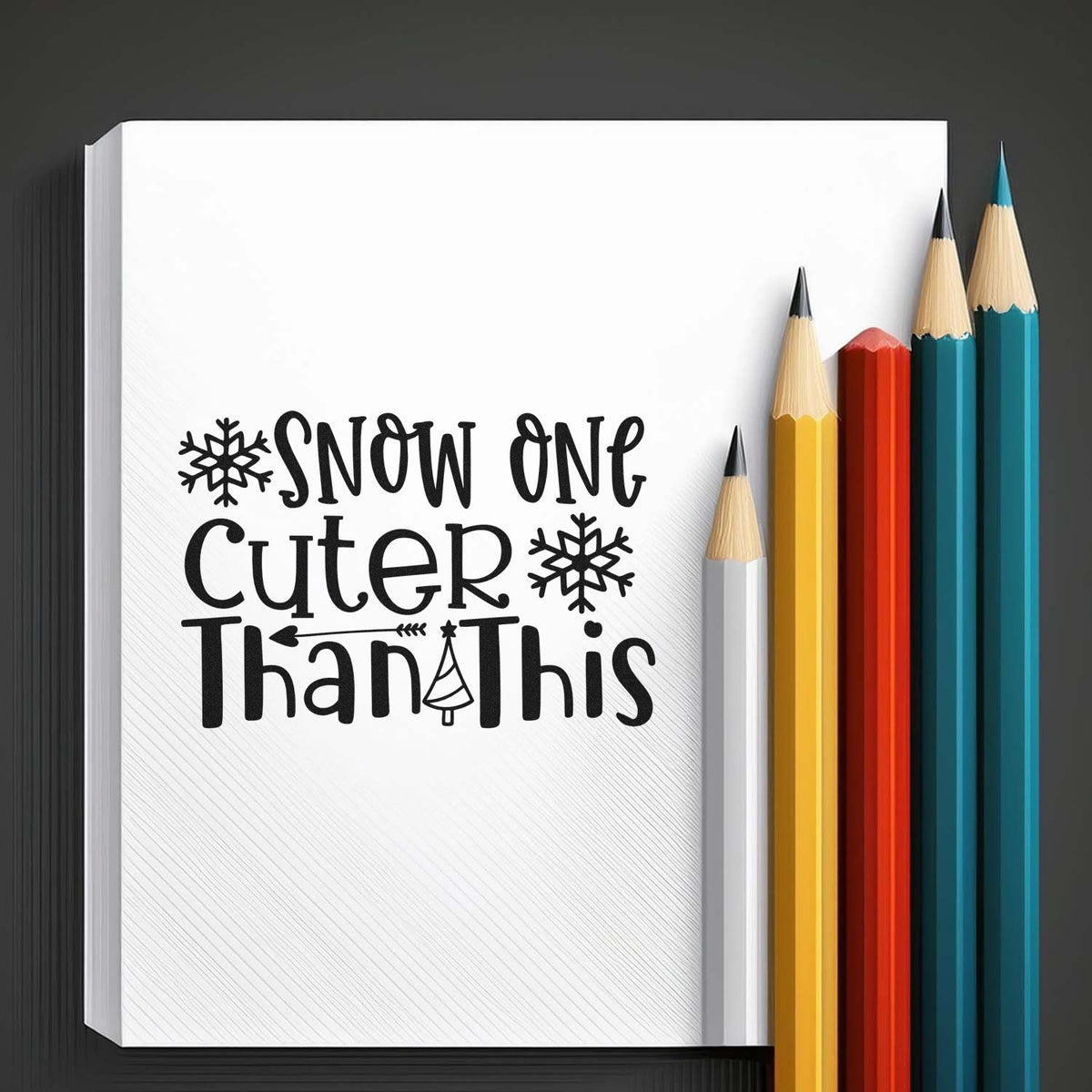 Premium Wooden Snow One Cuter Than This Tree Motif Stamp - Vintage Pro imprint stamped in black ink. The phrase "Snow one cuter than this" includes two snowflakes, an arrow, and a tiny tree.