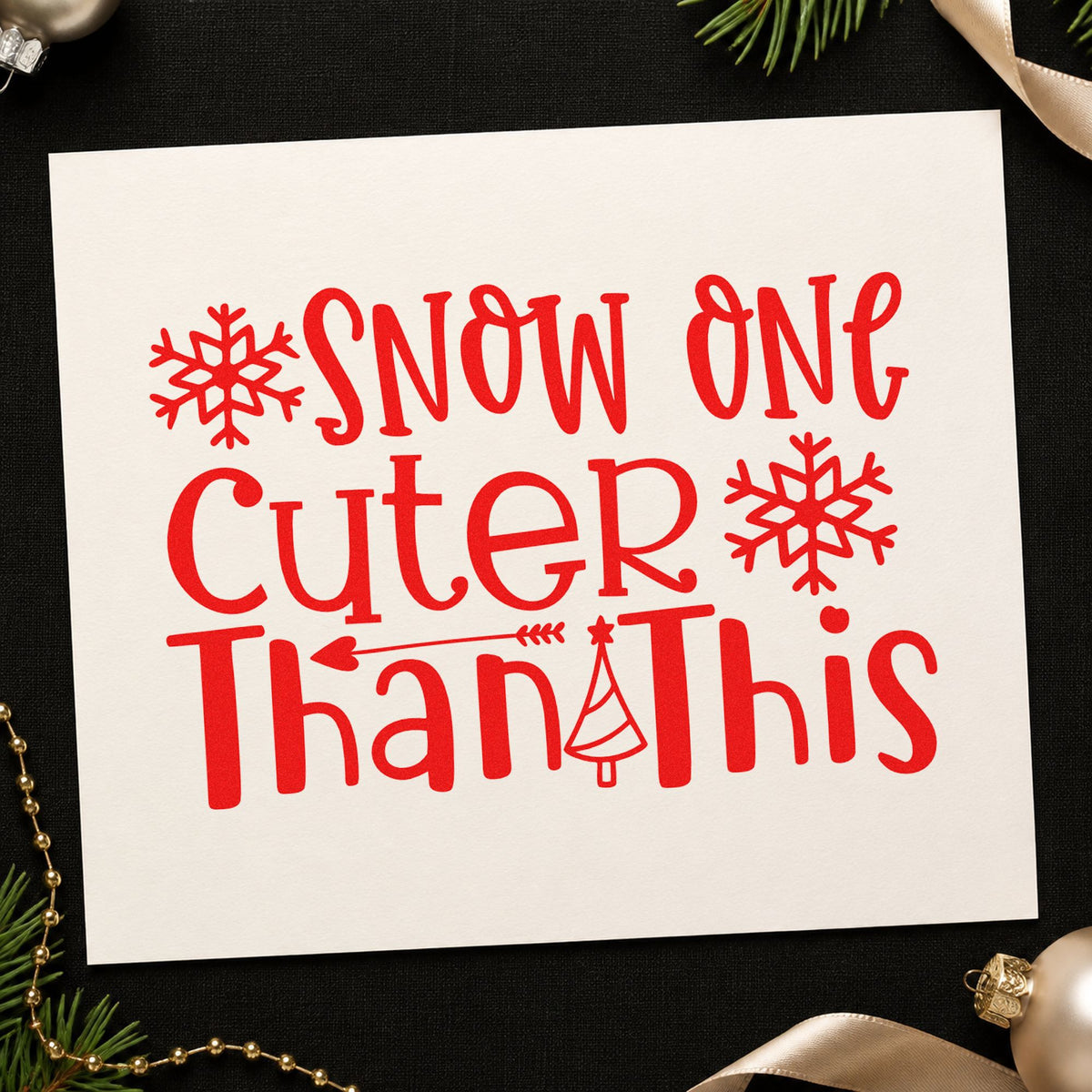 Snow One Cuter Than This rubber stamp shown in red ink, stamped for projects such as album box labels.