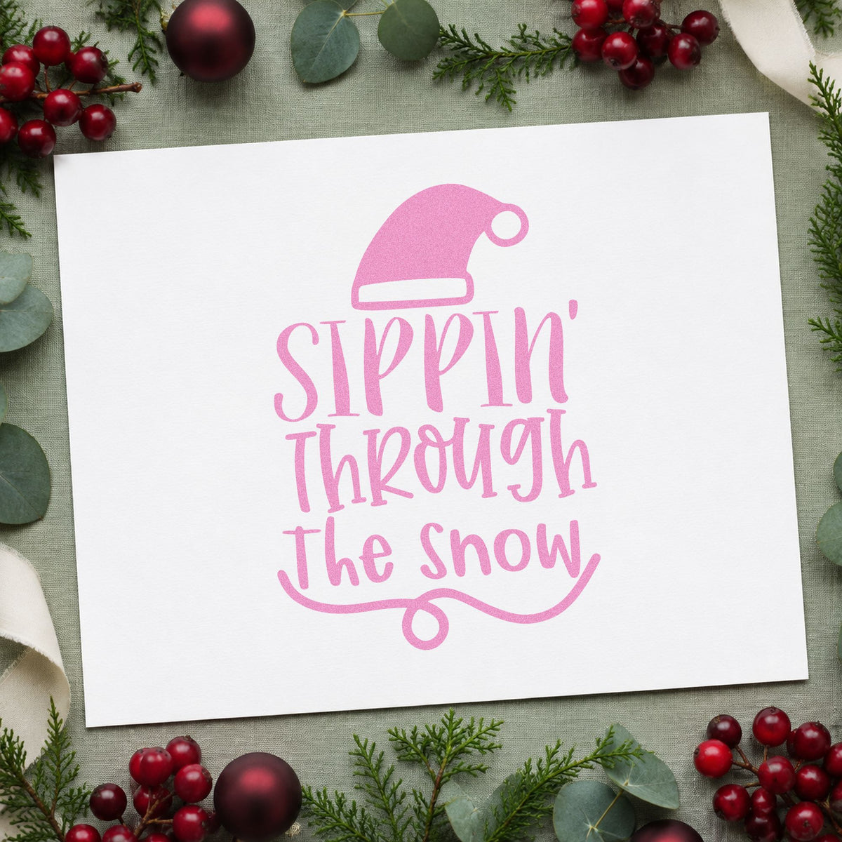 Sippin Through The Snow craft stamp in purple ink on cardstock, an easy option for catering album page.