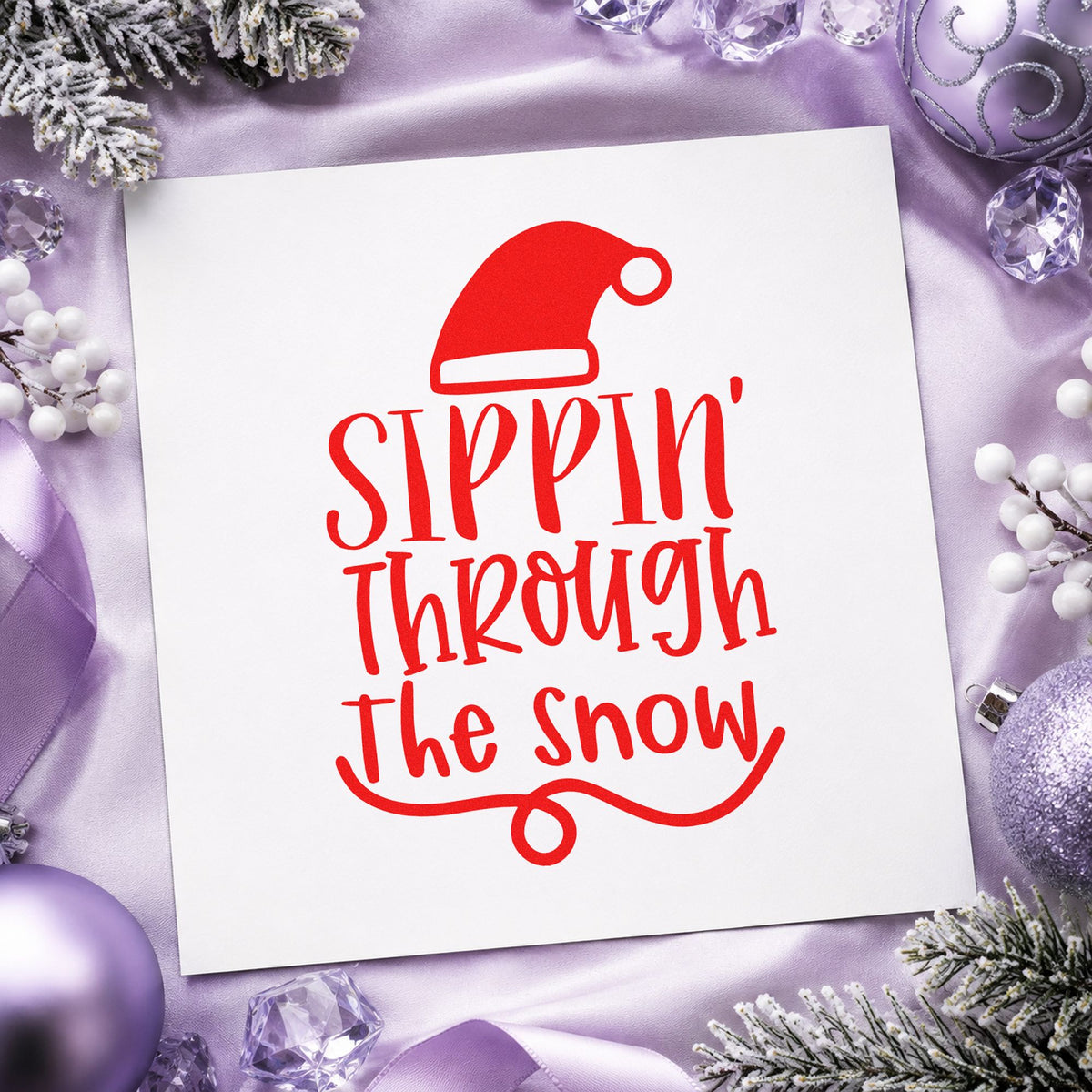 Sippin Through The Snow craft stamp in red ink on cardstock, an easy option for server vest printing.