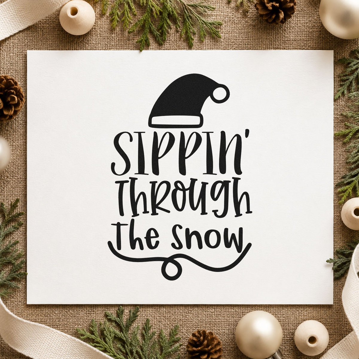 Sippin Through The Snow rubber stamp printed in black ink, ready for hat and underline cards and similar paper crafts.