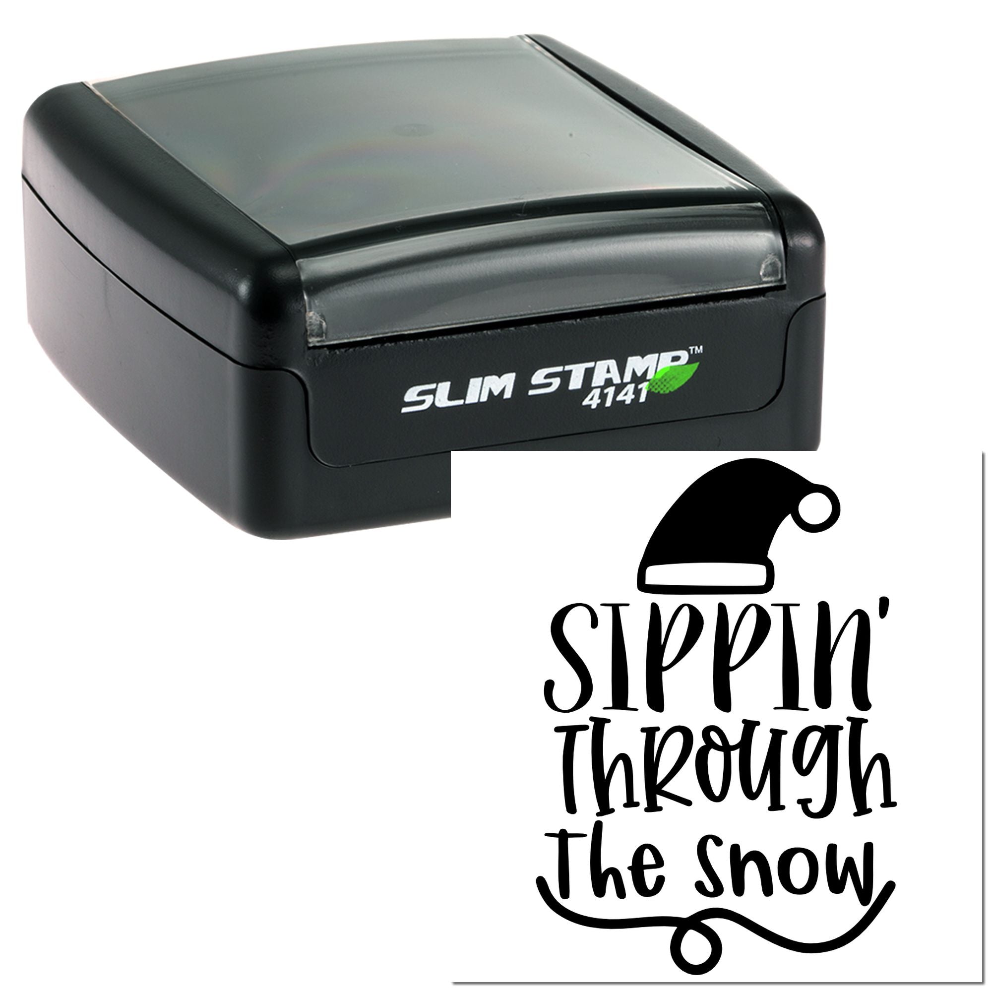 Slim self-inking rubber stamp with Sippin Through the Snow Santa hat design for festive holiday crafting.