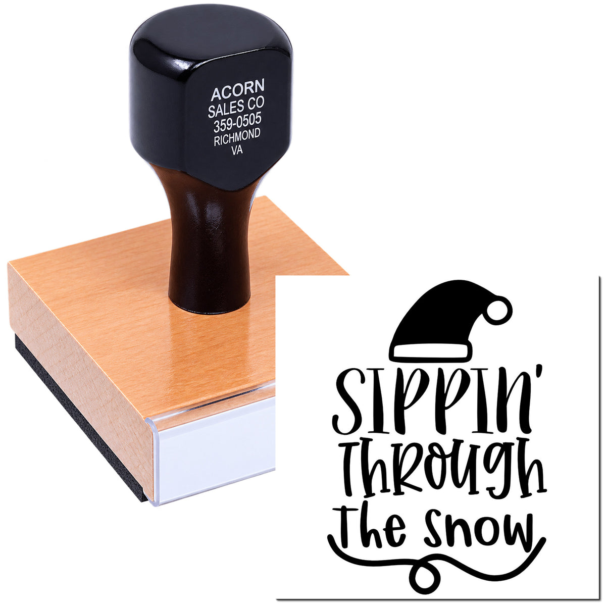 Custom rubber stamp with Sippin Through the Snow Santa hat design for holiday cards, crafts, and packaging.