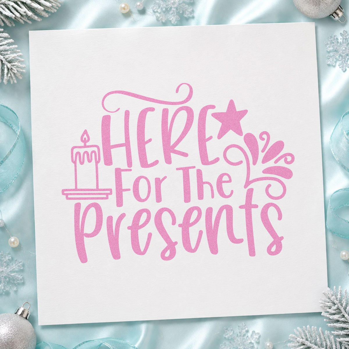 Here For The Presents craft stamp in purple ink on cardstock, an easy option for party guest album.