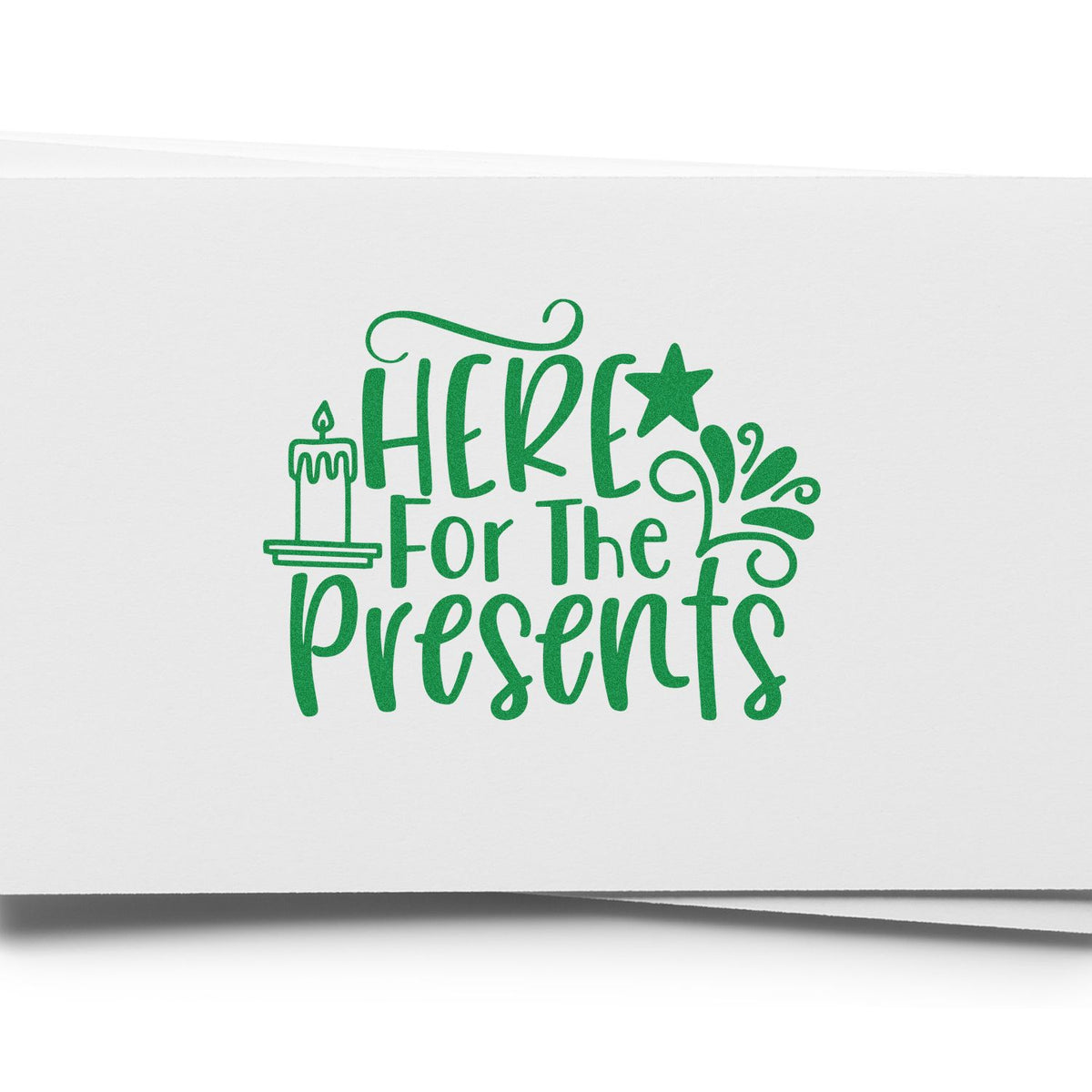 Here For The Presents rubber stamp shown in green ink, stamped for projects such as party guest album.