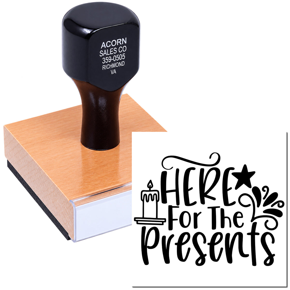 Custom rubber stamp featuring Here for the Presents holiday design with candle and decorative lettering.