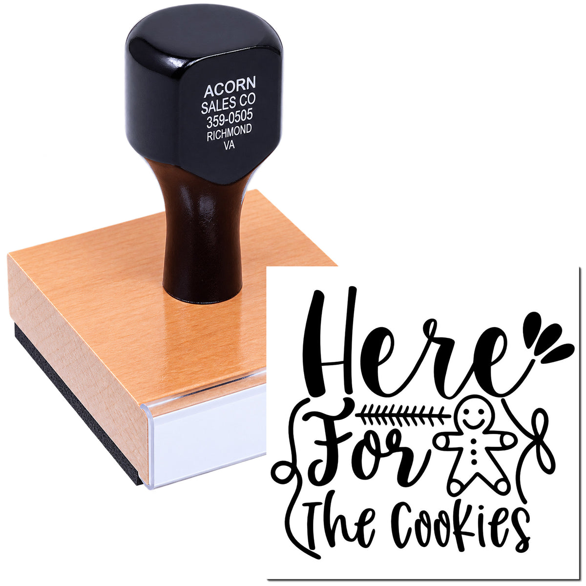 Custom rubber stamp with Here for the Cookies design for bakery packaging, cookie gifts, and homemade treats.