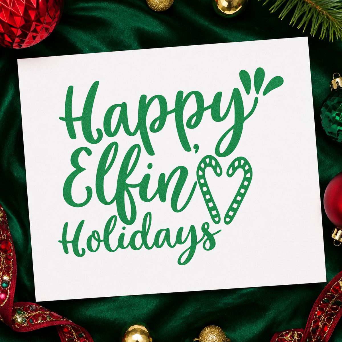 Happy Elfin Holidays Heart craft stamp imprint in green ink on a handmade project, one idea being pointed shoe tags.