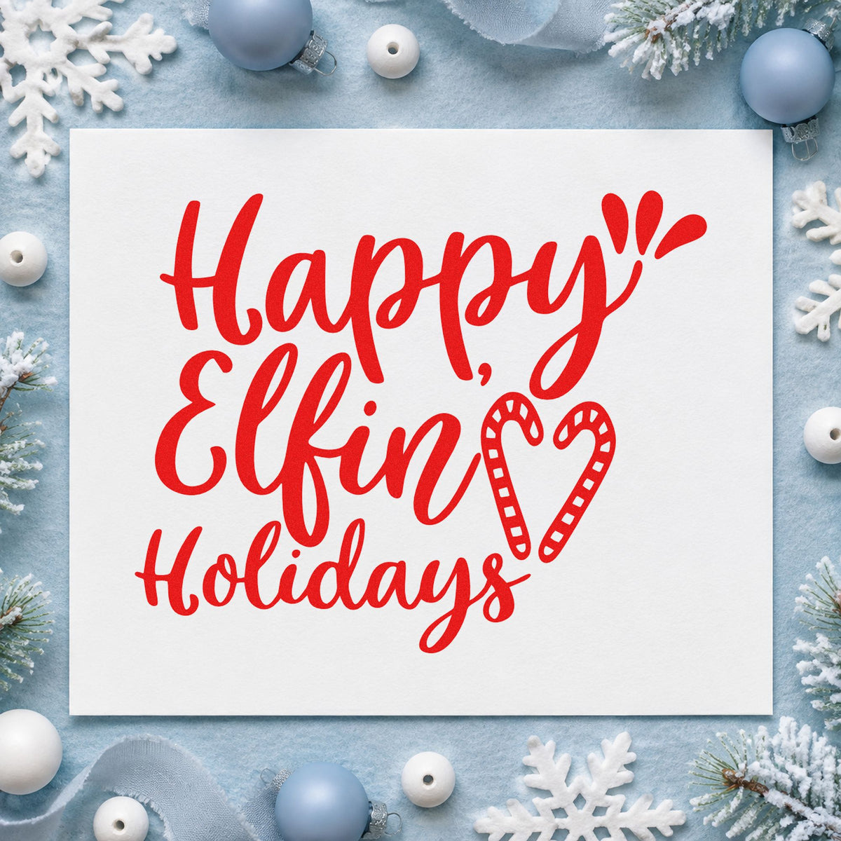 Happy Elfin Holidays Heart rubber stamp shown in red ink, stamped for projects such as toy shop labels.