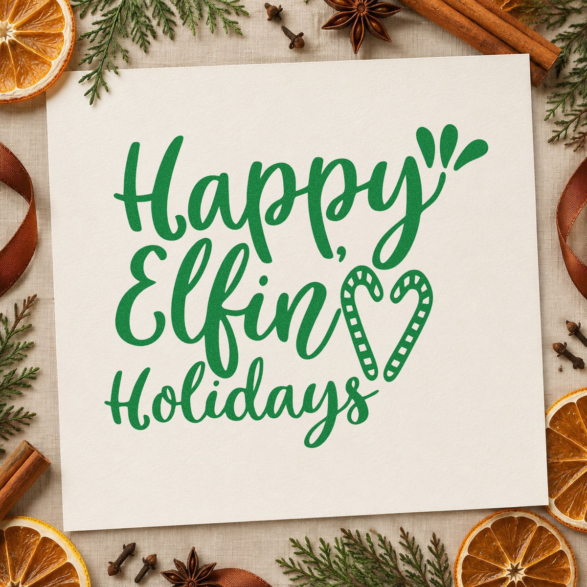 Happy Elfin Holidays Heart craft stamp imprint in green ink on a handmade project, one idea being volunteer day cards.