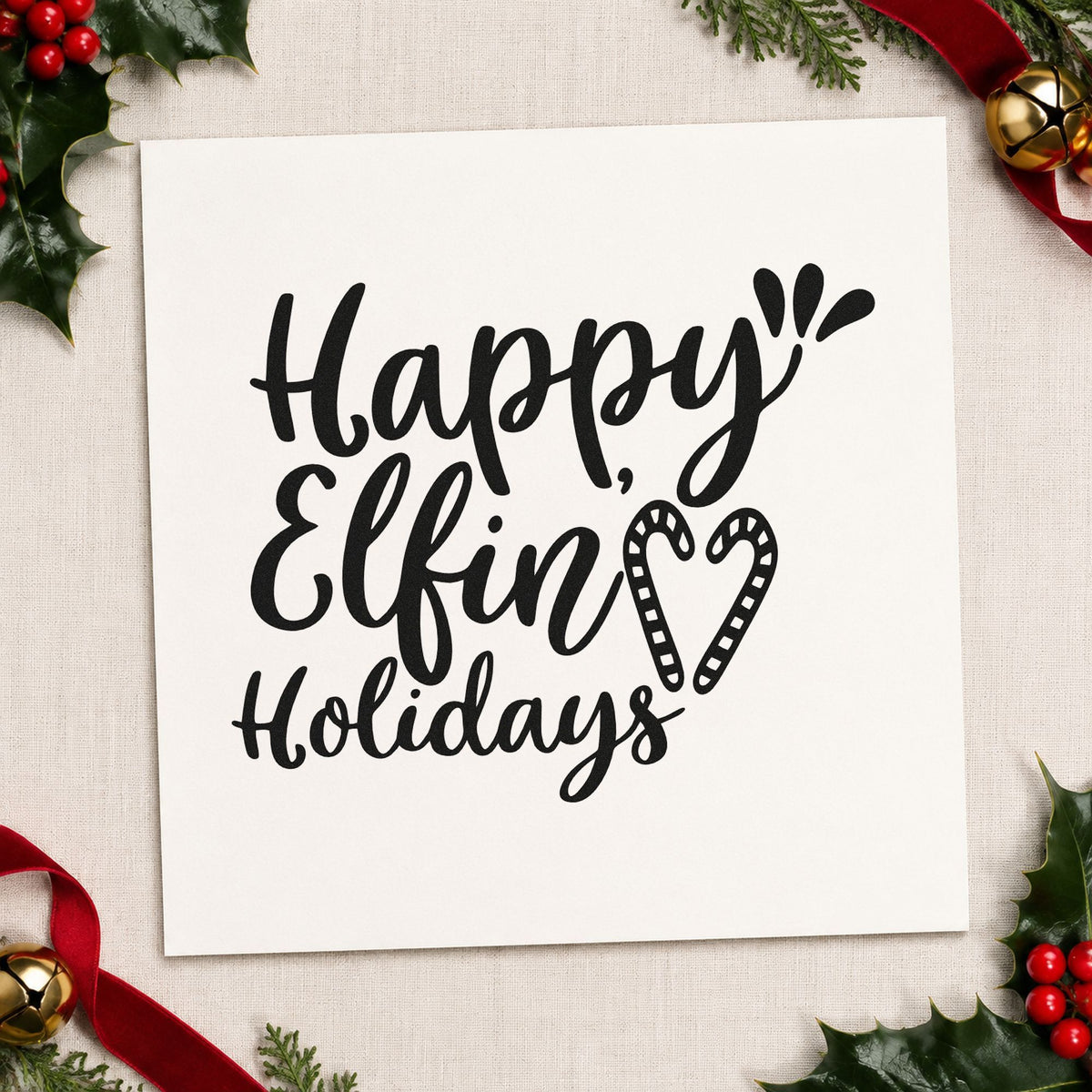 Happy Elfin Holidays Heart rubber stamp printed in black ink, ready for elfin greeting cards and similar paper crafts.