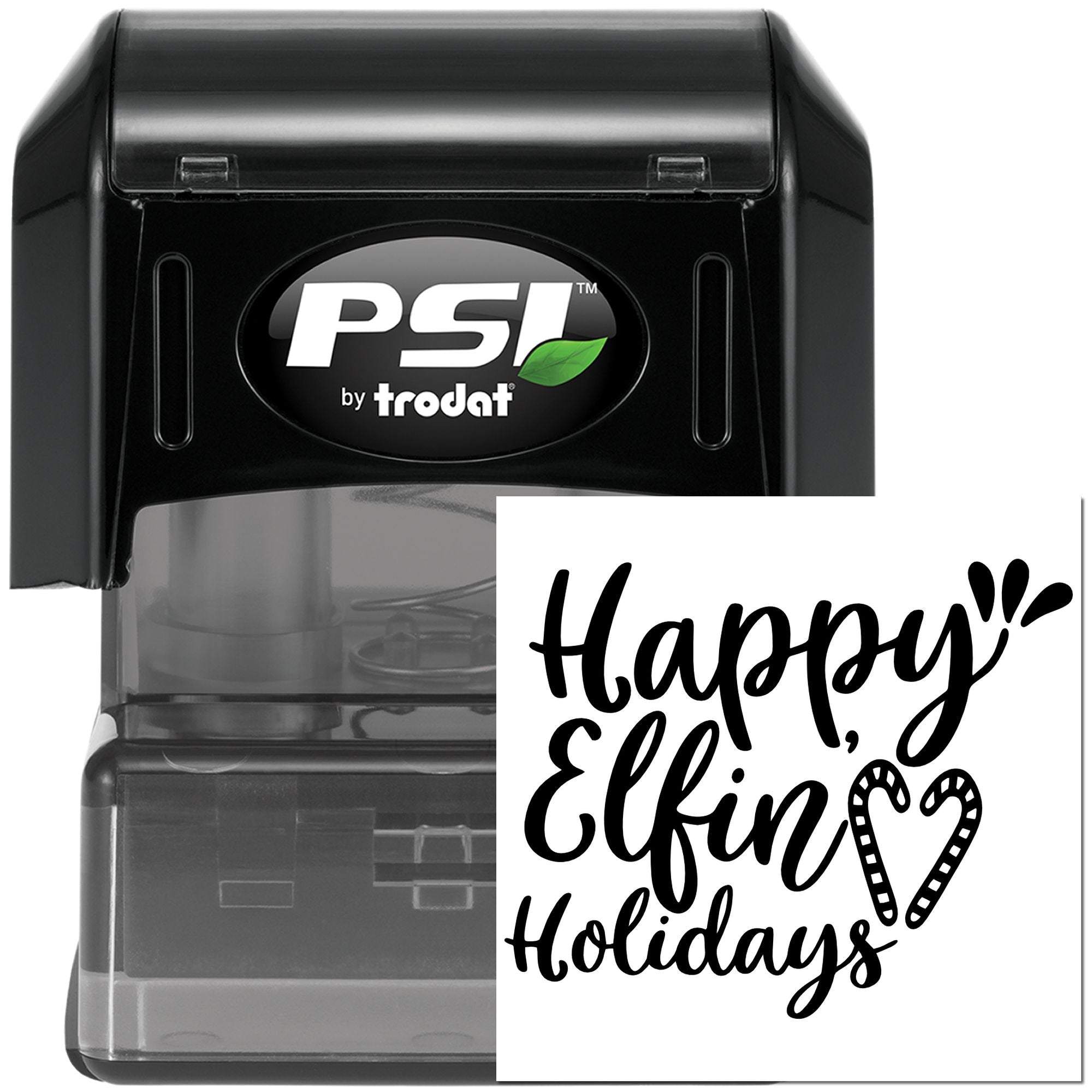 PSI by Trodat self-inking rubber stamp with Happy Elfin Holidays design for festive holiday cards and craft projects.