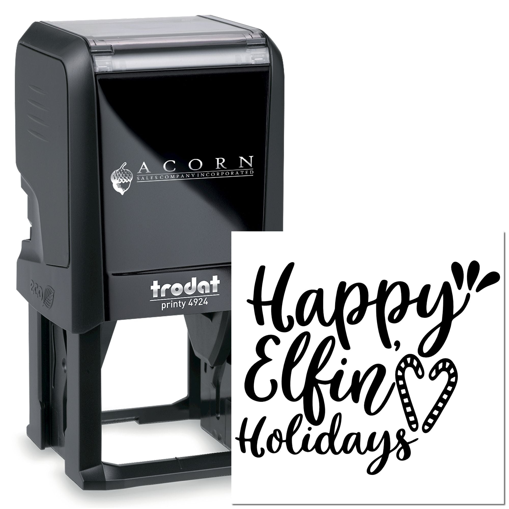 Custom self-inking rubber stamp with personalized holiday greeting, ideal for business or craft stamping.