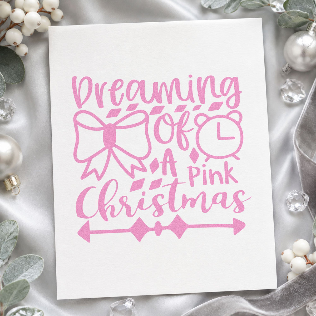 Dreaming Of A Pink Christmas craft stamp in purple ink on cardstock, an easy option for palette album page.