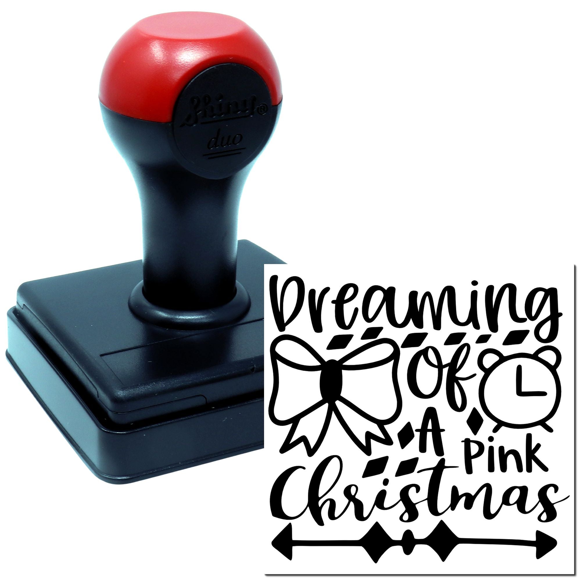 Self-inking rubber stamp with Dreaming of a Pink Christmas design for custom holiday cards and crafts.
