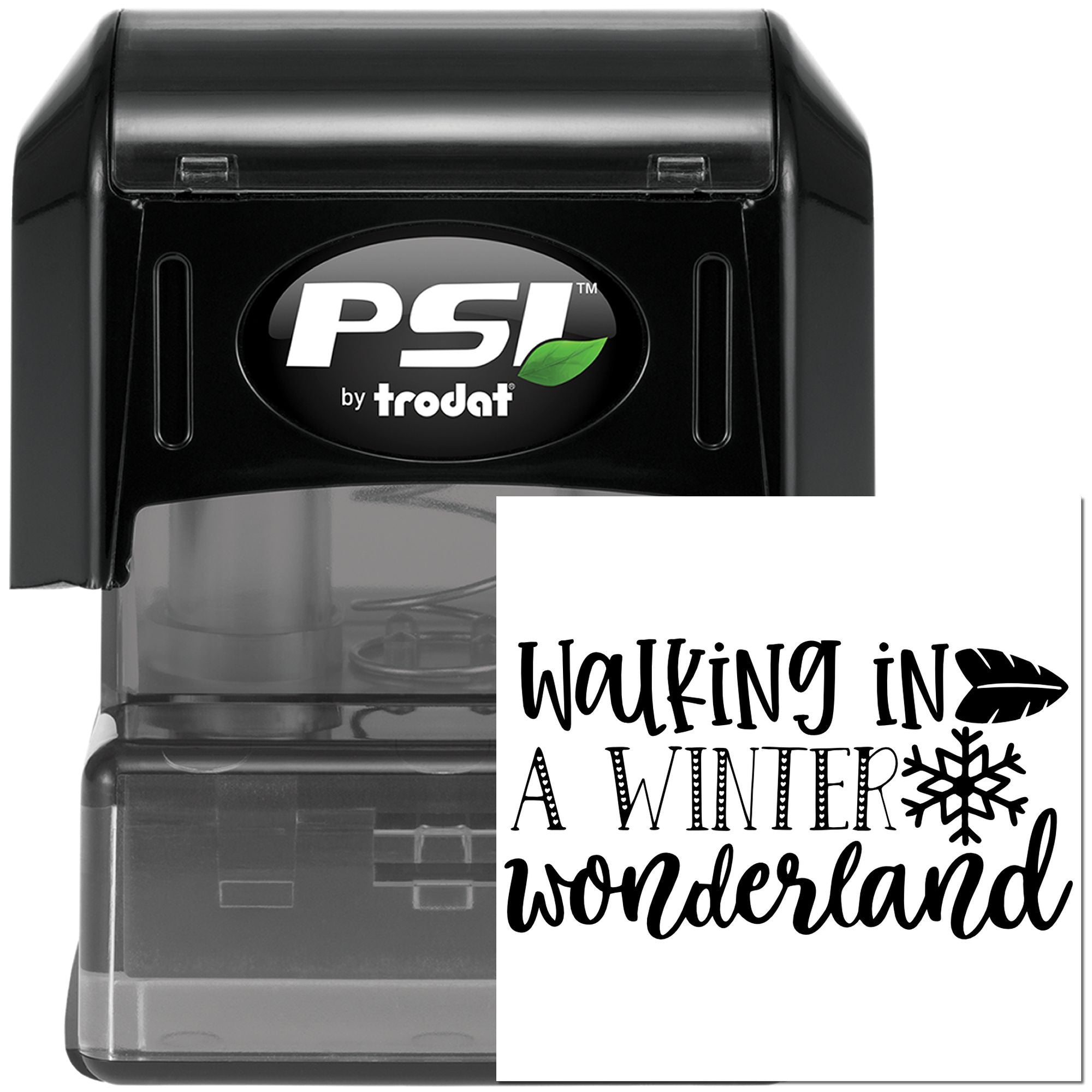 PSI by Trodat self-inking rubber stamp with Walking in a Winter Wonderland holiday message.
